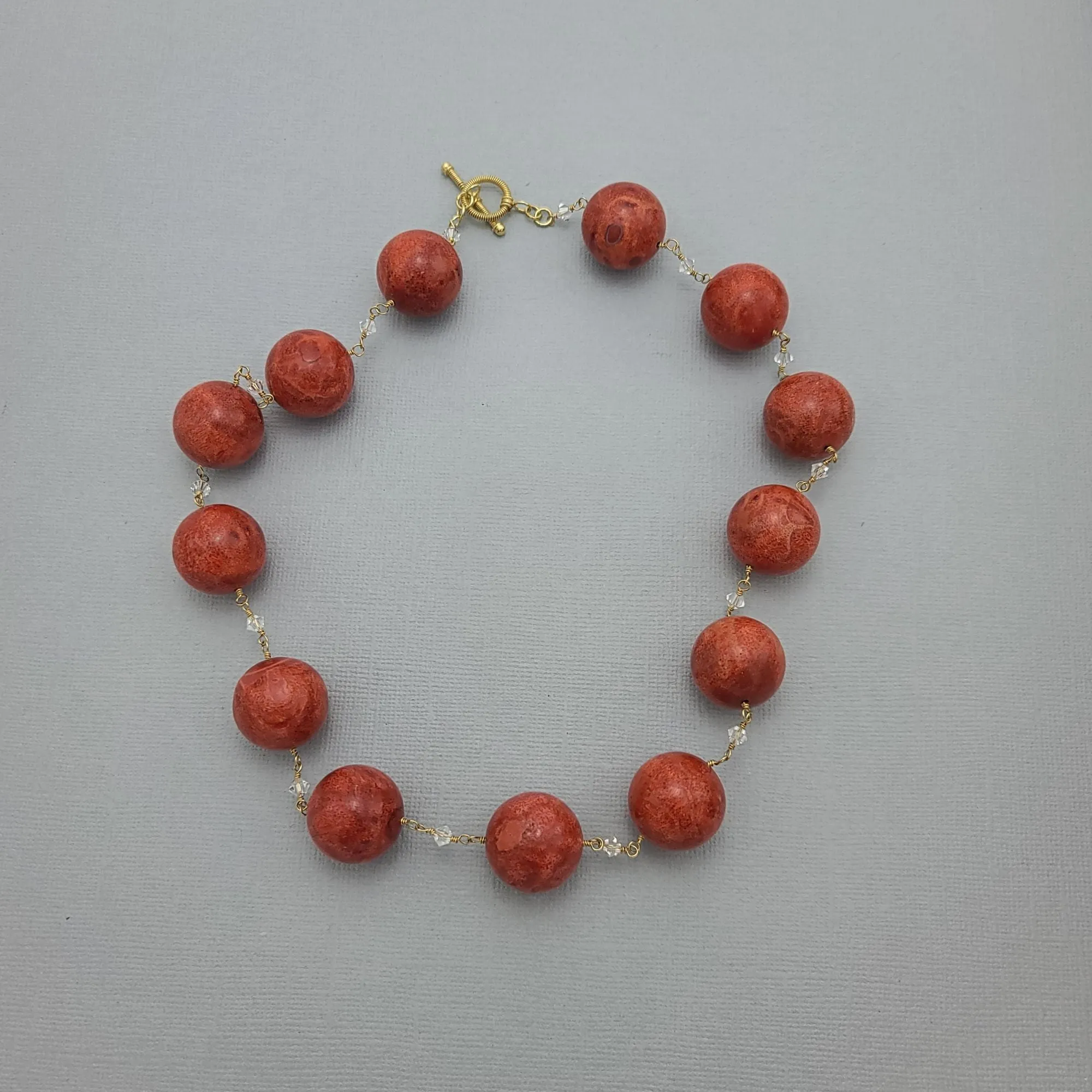 Handmade Red Coral Necklace with Vermeil Toggle Clasp and Gold Wire.