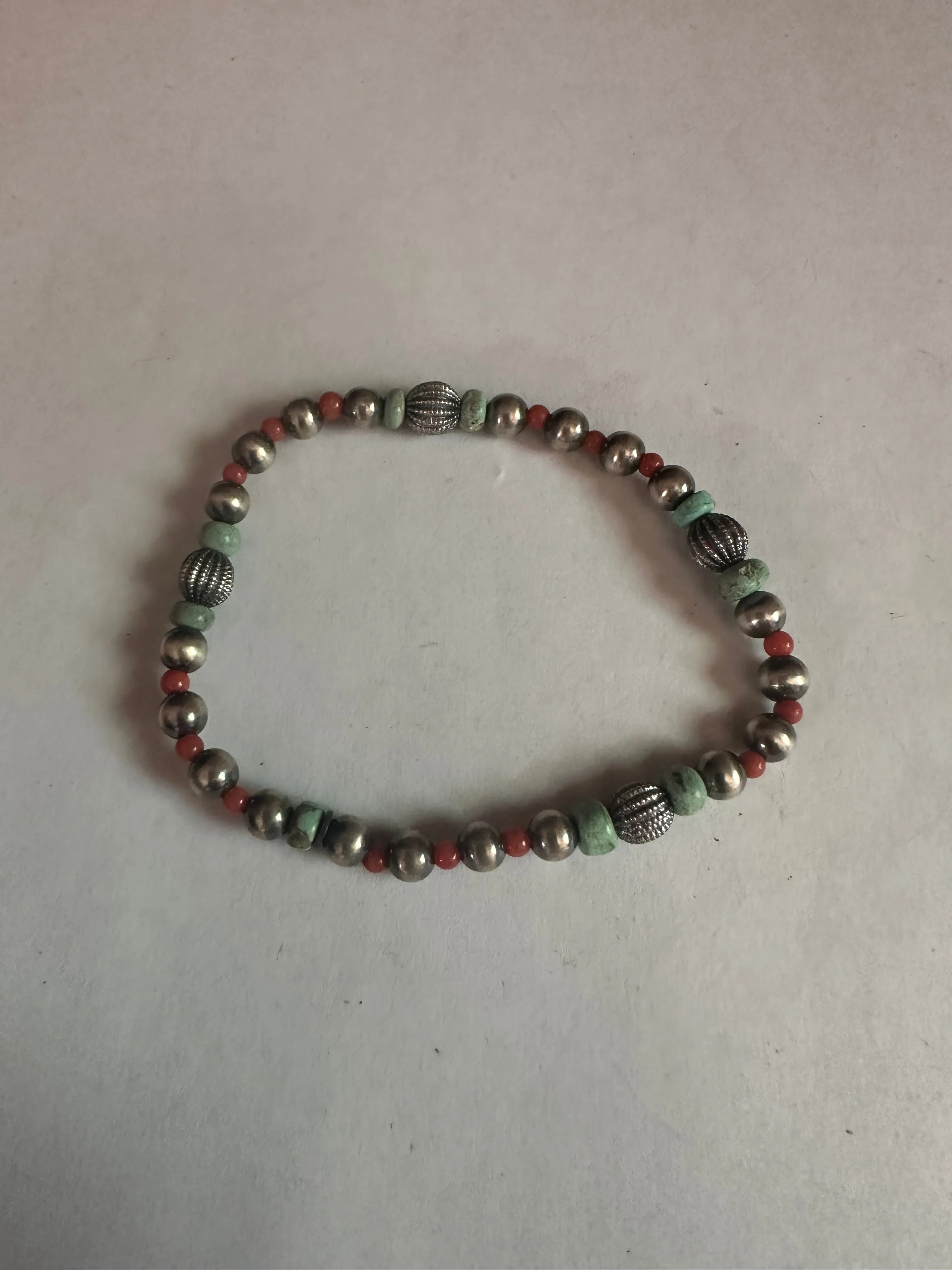 Handmade Turquoise, Coral & Sterling Silver Beaded Stretch Bracelet