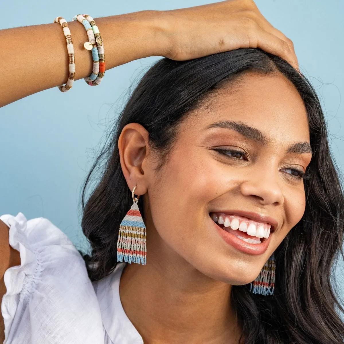 James Mini Gold Hoop Beaded Fringe Earrings in Amalfi