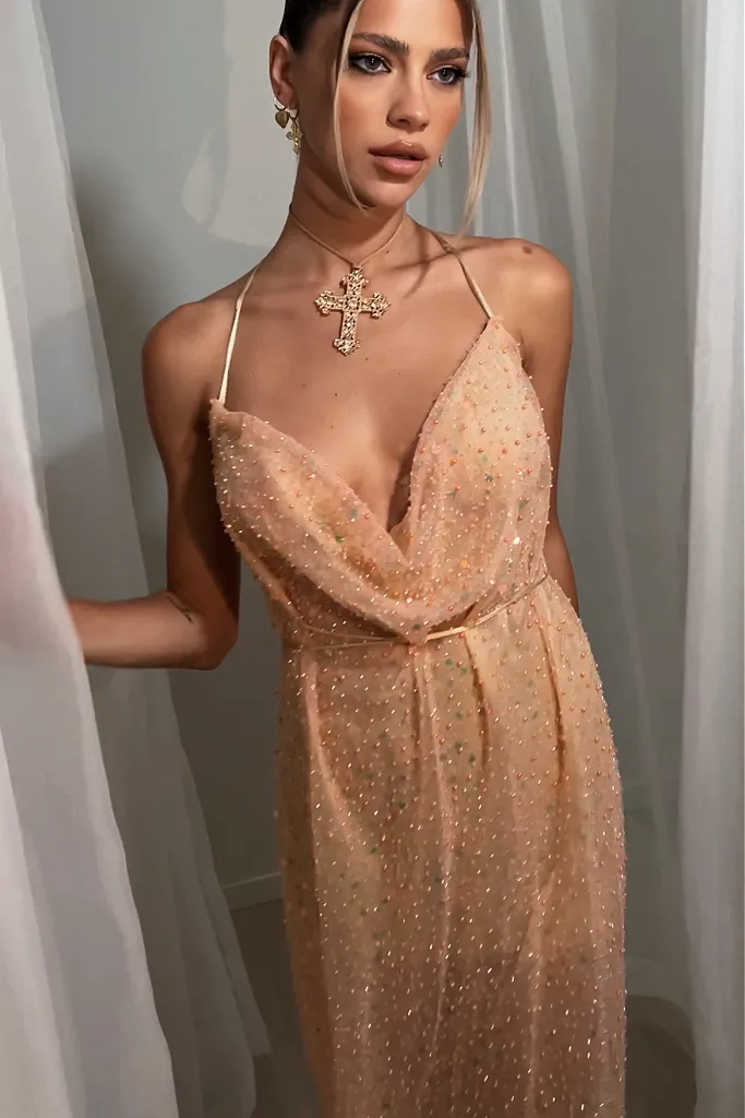 KINSEY GOWN - EMBELLISHED PEACH TULLE & SILK