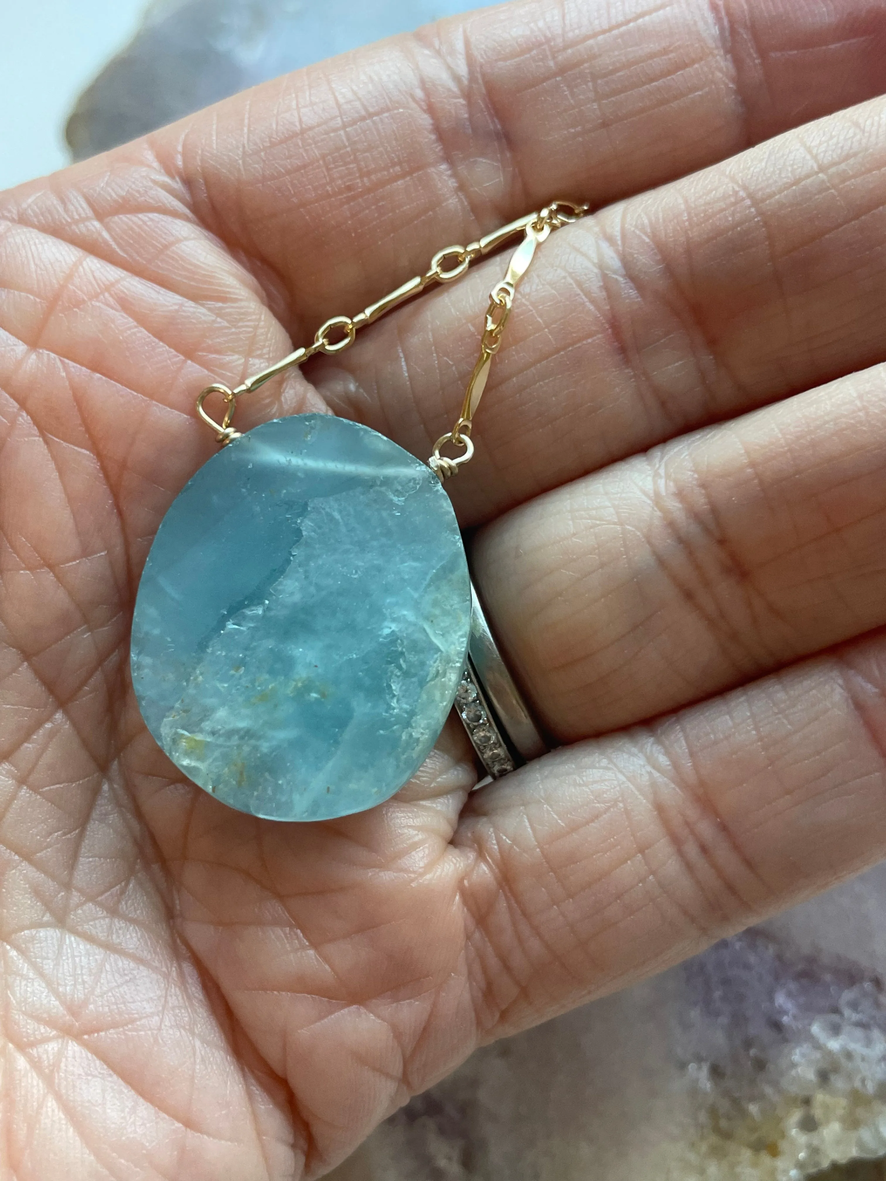 Large Raw Statement Aquamarine Necklace Gold Fill March Birthstone