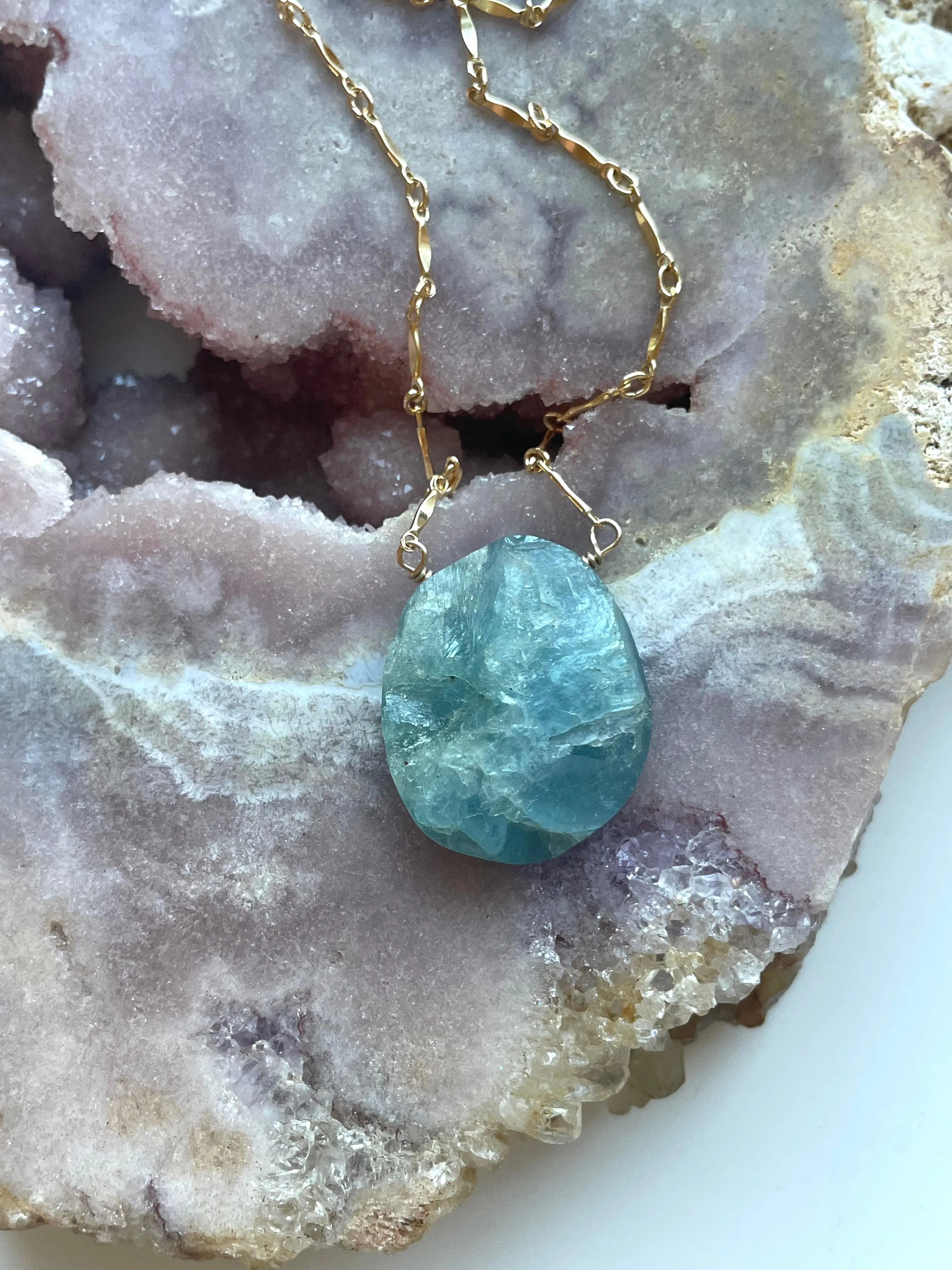 Large Raw Statement Aquamarine Necklace Gold Fill March Birthstone