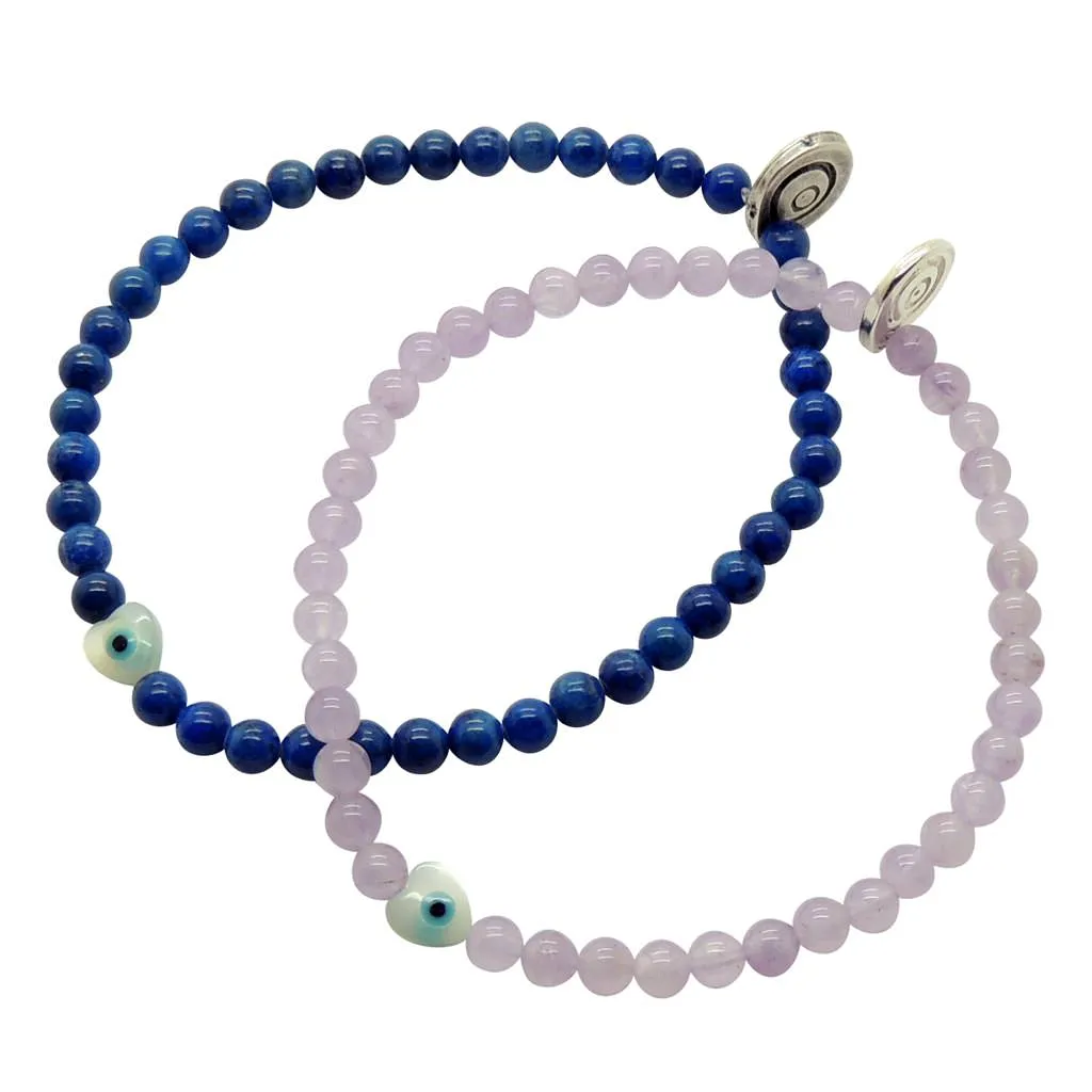 Mini Mother of Pearl Evil Eye Heart Charm Gemstone Bracelet