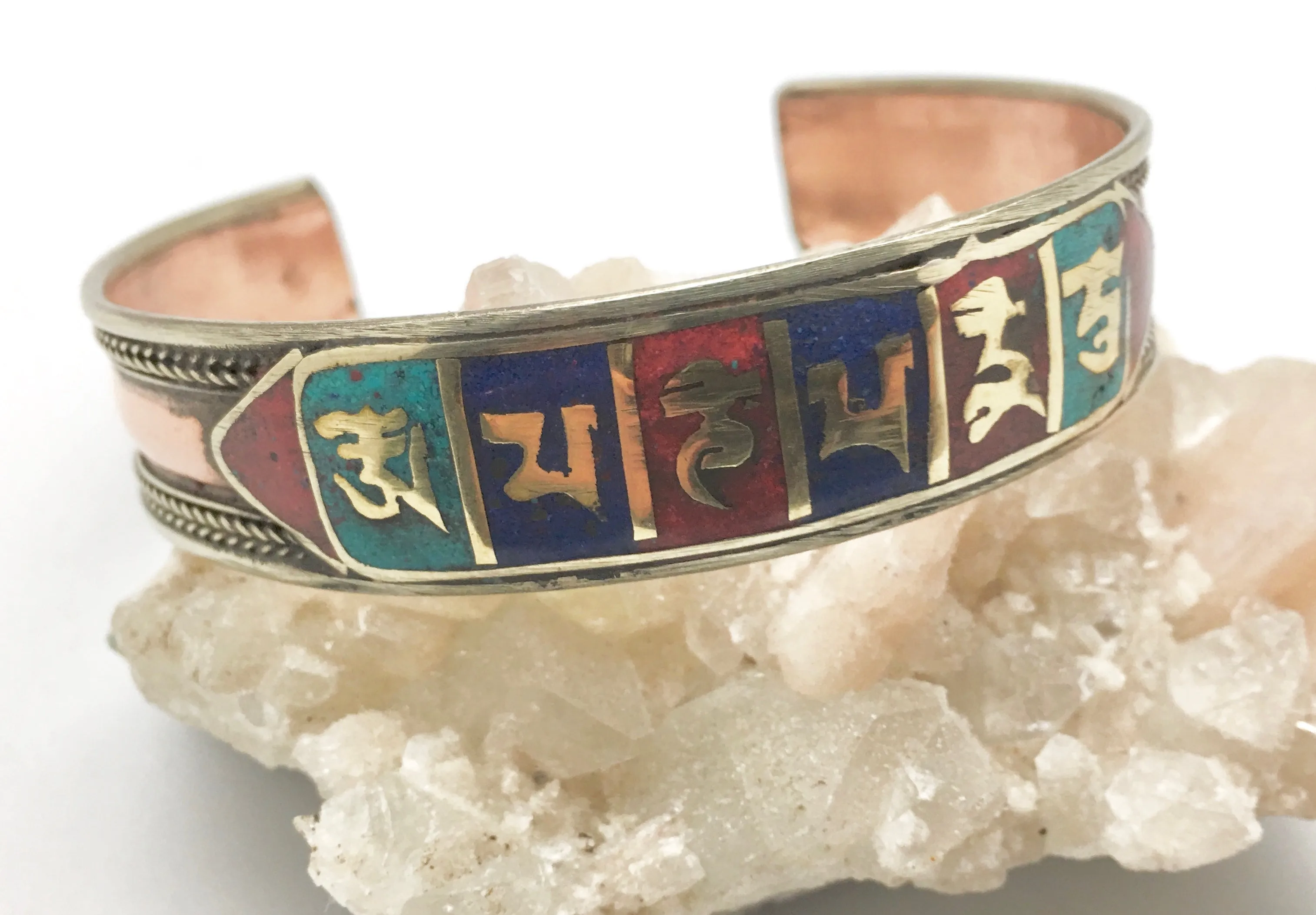 Modern Tibet Brass and Copper Inlaid Om Mani Padme Hum Cuff Bracelet