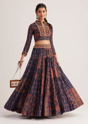 Navy Blue Silk Skirt Set With Orange Indie Prints