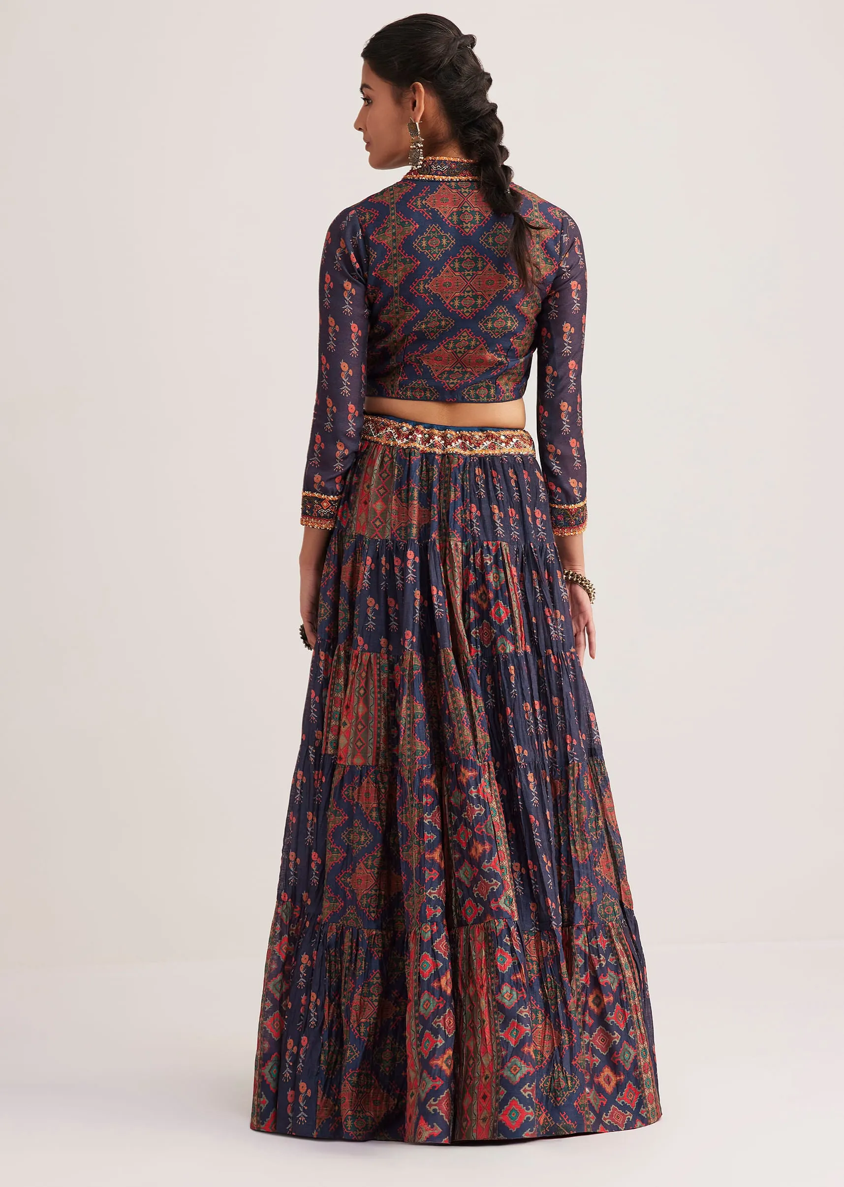Navy Blue Silk Skirt Set With Orange Indie Prints