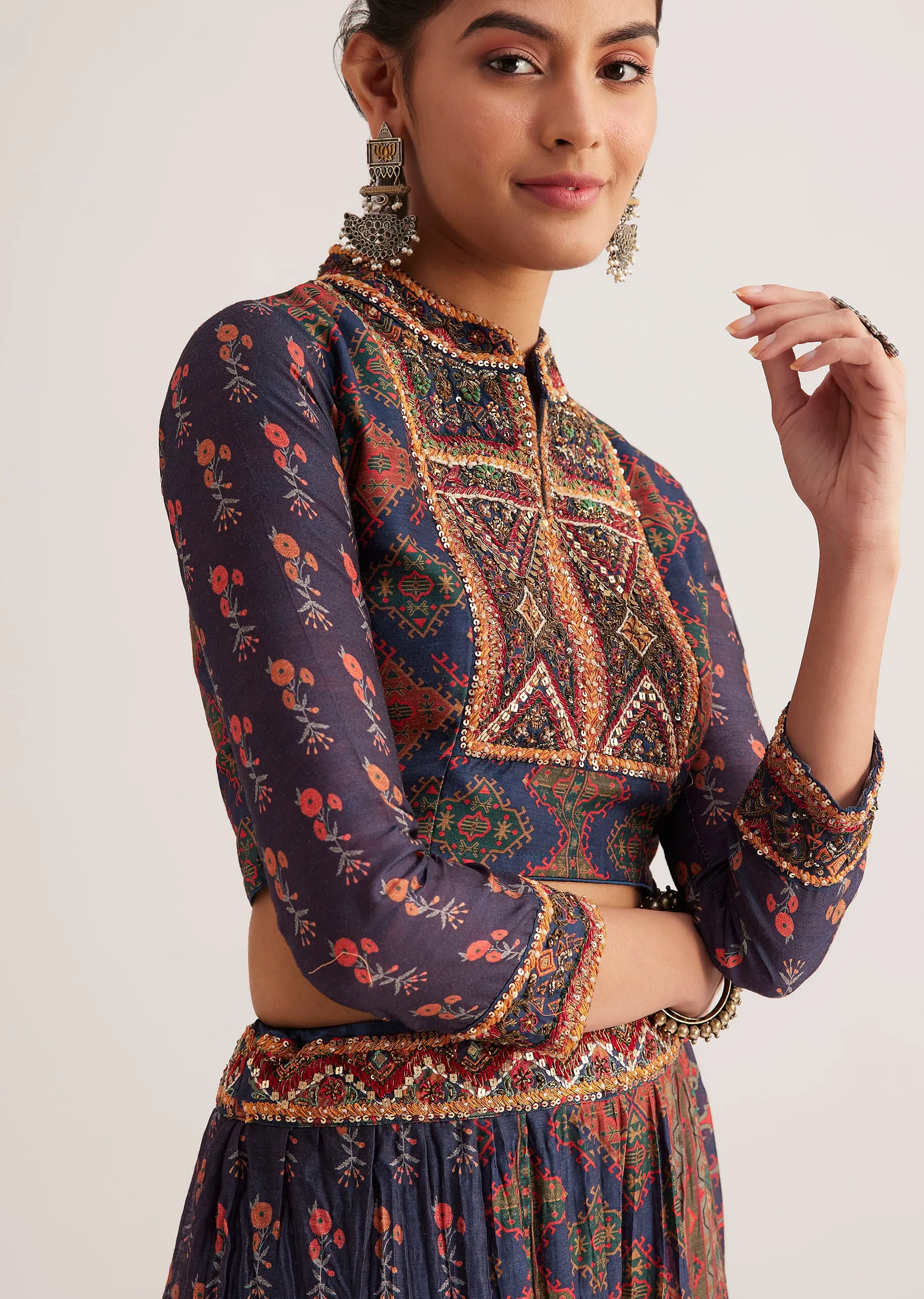 Navy Blue Silk Skirt Set With Orange Indie Prints