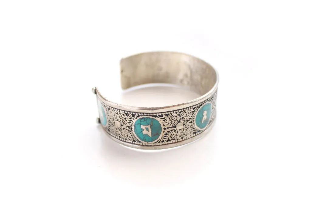 Om Mani Stone Inlay Dragon Filigree Unisex Bangle