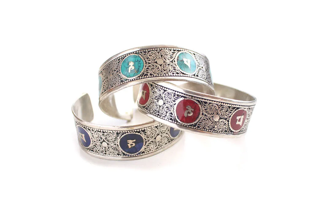 Om Mani Stone Inlay Dragon Filigree Unisex Bangle