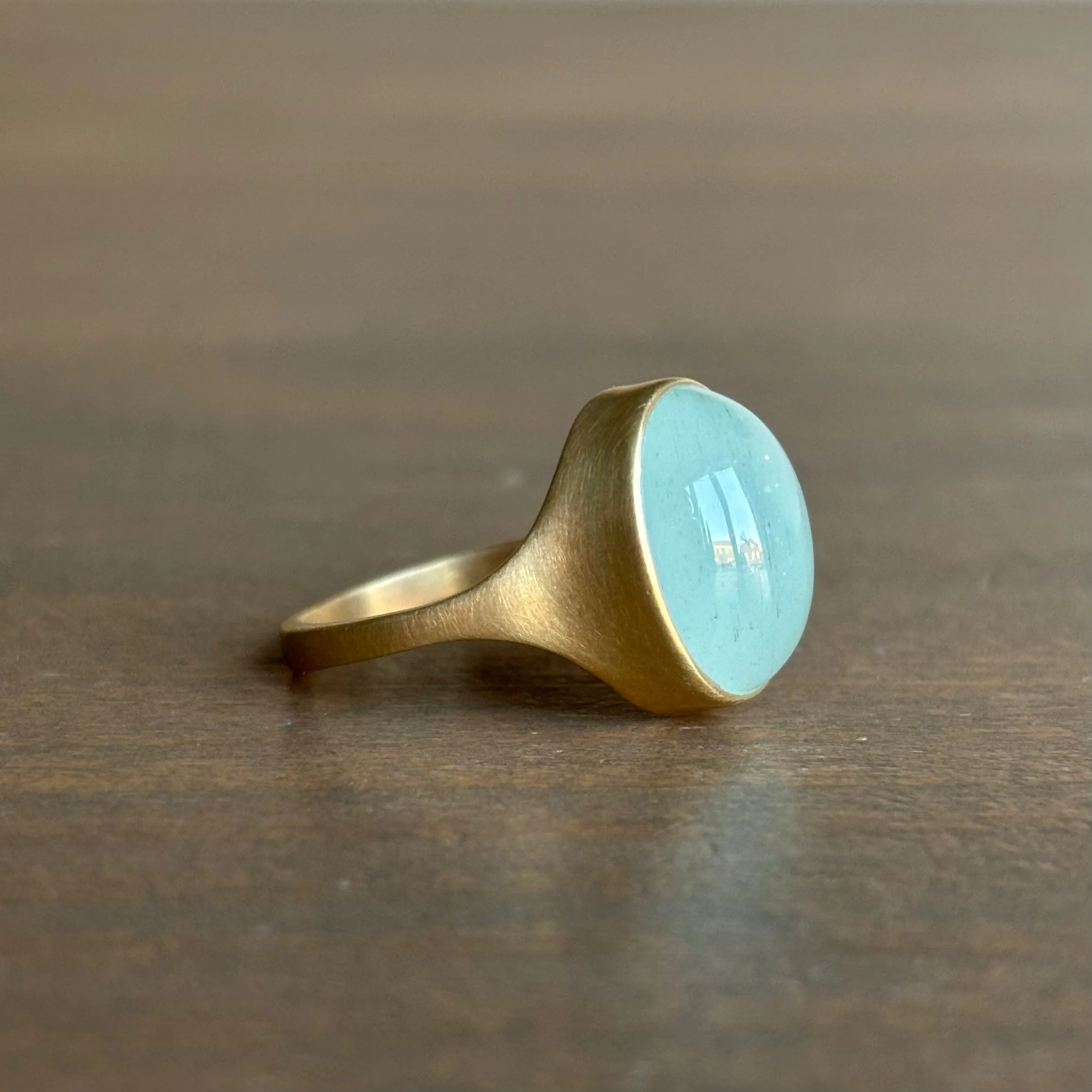 Oval Dark Milky Aquamarine Cabochon Cast Ring