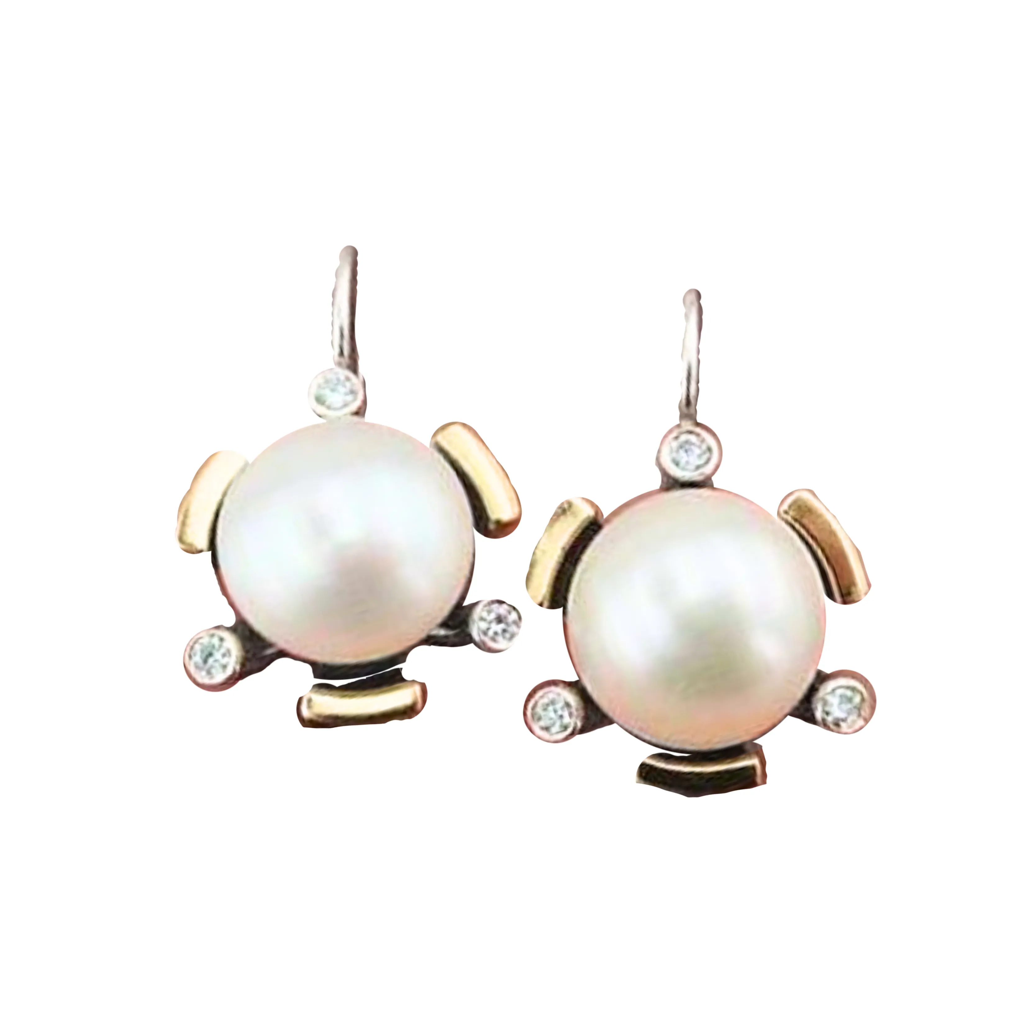 Pearl Earrings, Big Pearl Earrings with Zircon and Gold inlaid in Sterling Silver