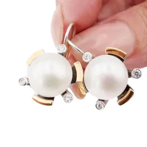 Pearl Earrings, Big Pearl Earrings with Zircon and Gold inlaid in Sterling Silver