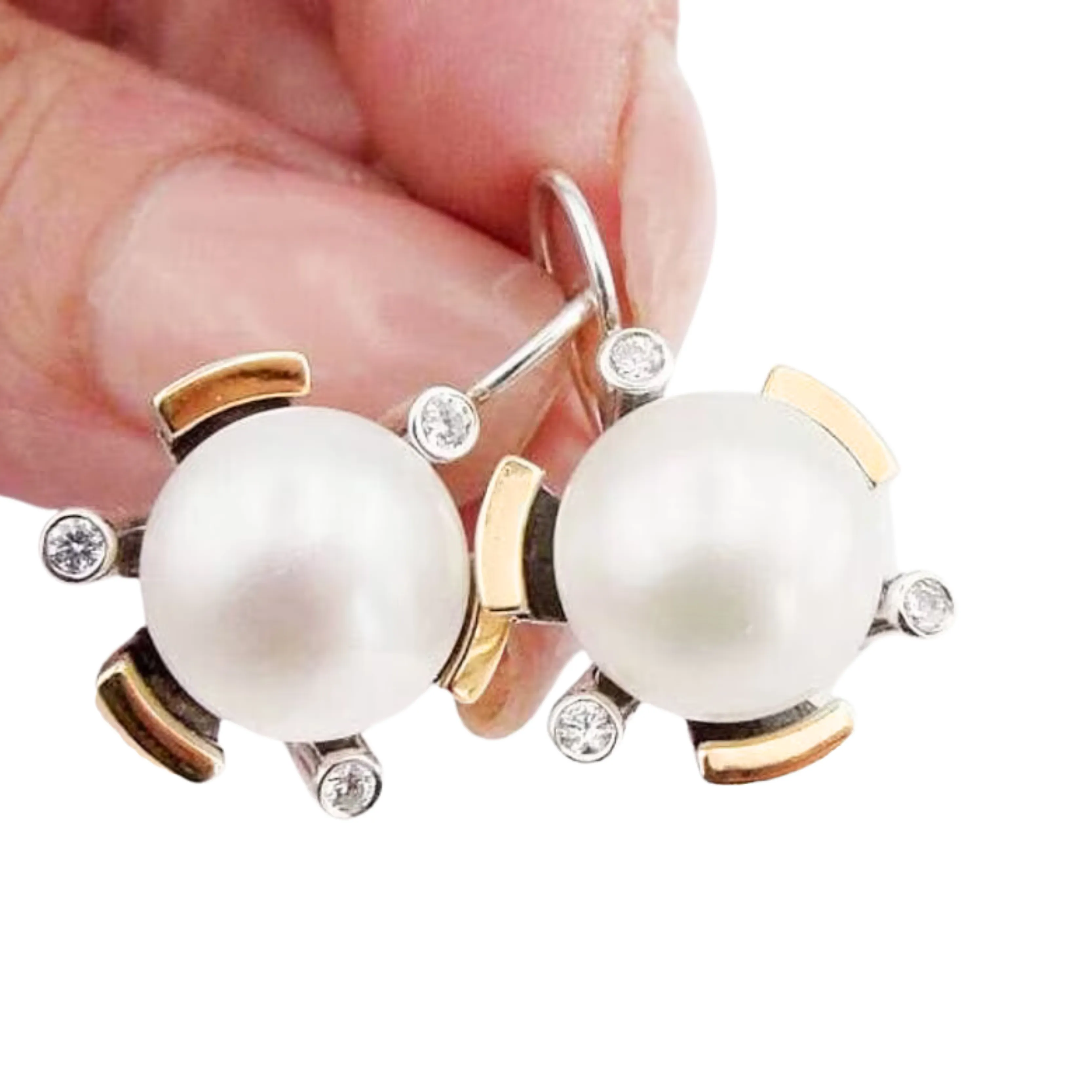 Pearl Earrings, Big Pearl Earrings with Zircon and Gold inlaid in Sterling Silver