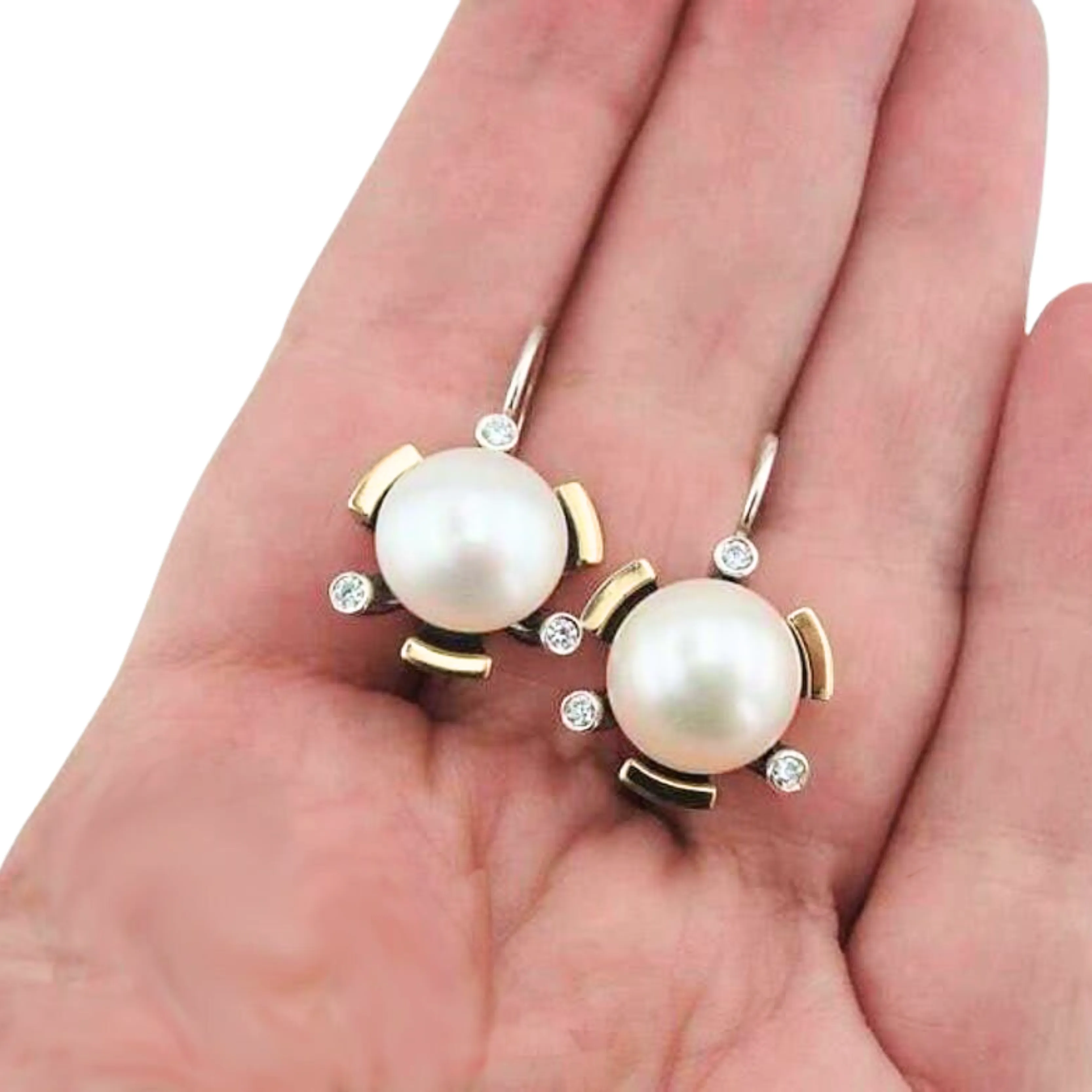 Pearl Earrings, Big Pearl Earrings with Zircon and Gold inlaid in Sterling Silver