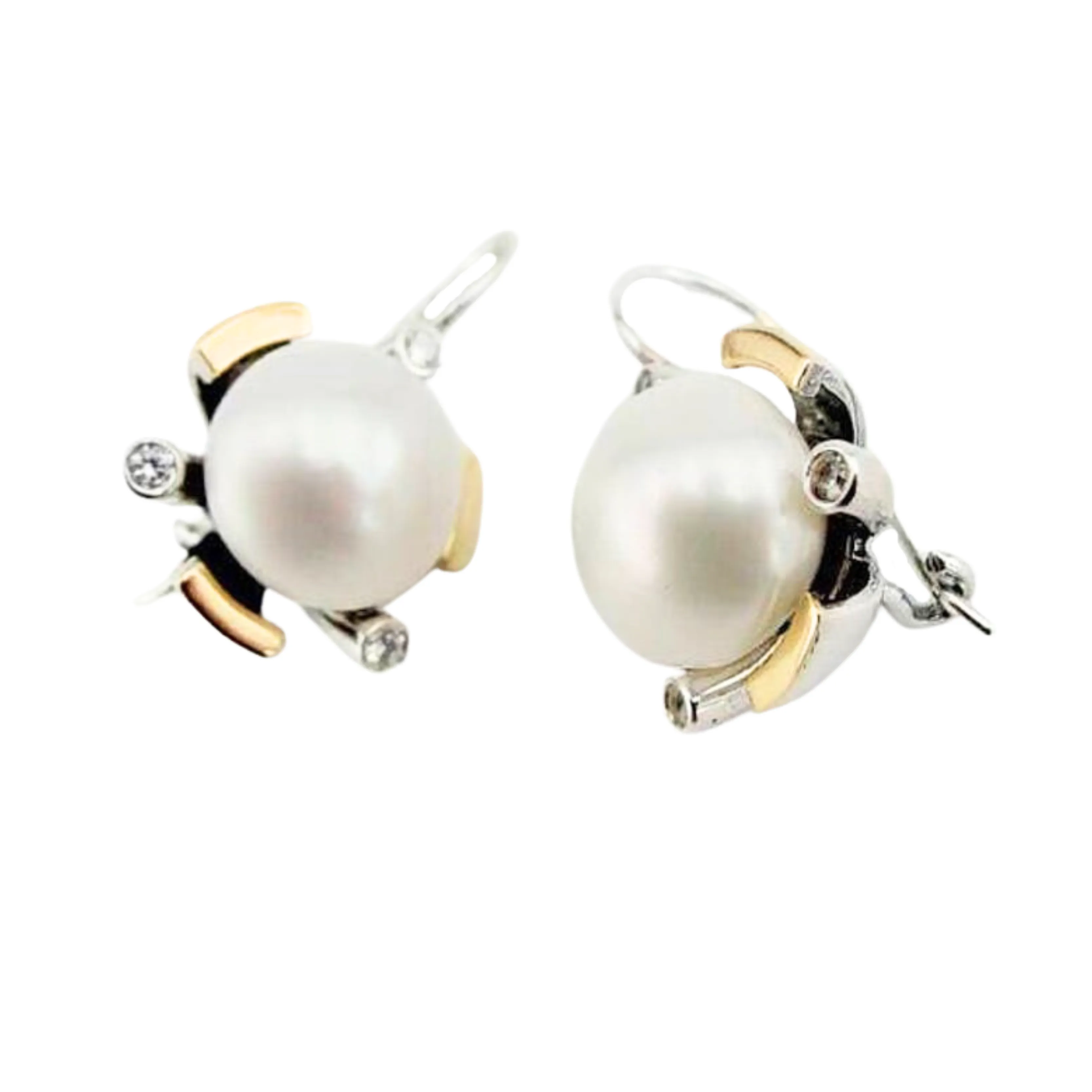 Pearl Earrings, Big Pearl Earrings with Zircon and Gold inlaid in Sterling Silver