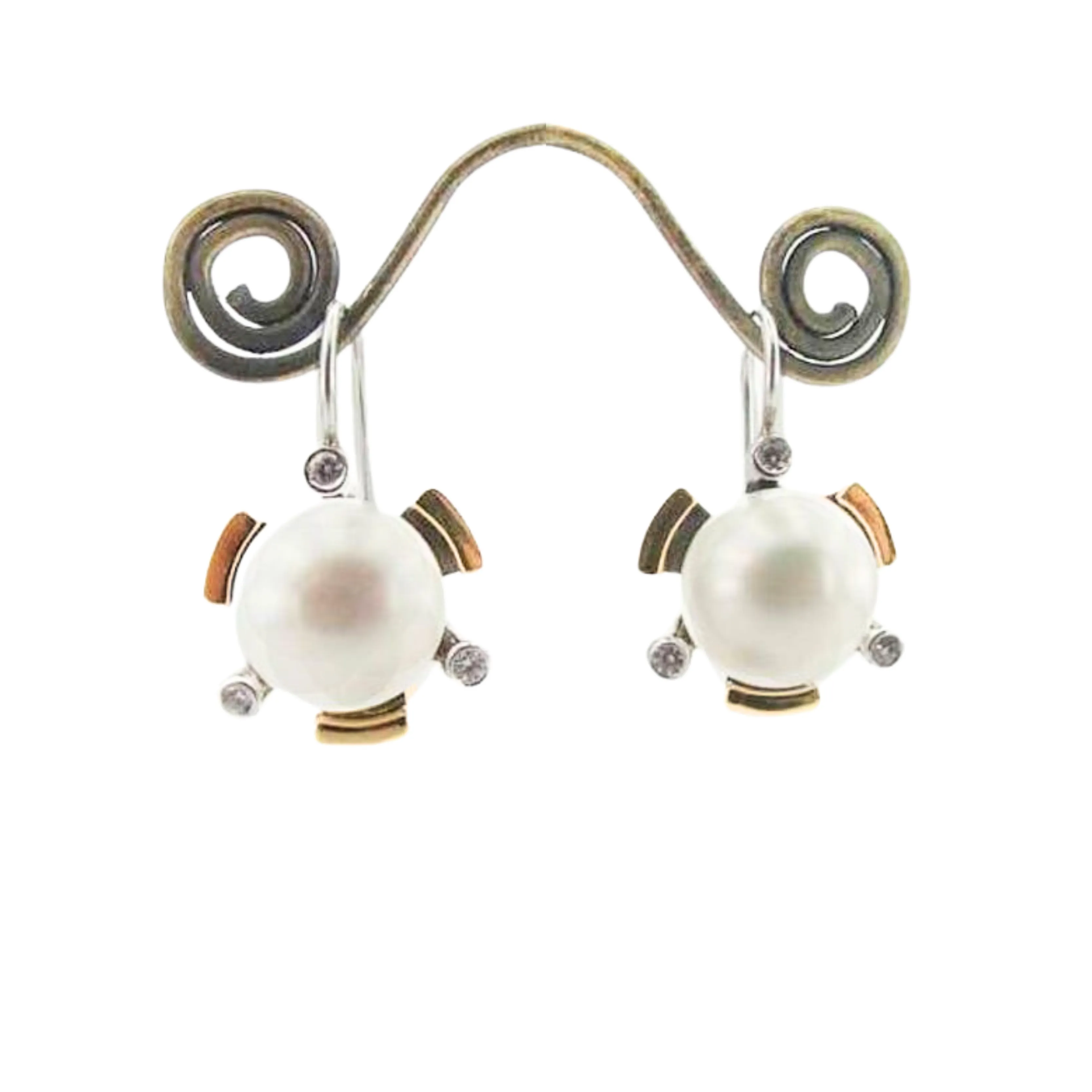 Pearl Earrings, Big Pearl Earrings with Zircon and Gold inlaid in Sterling Silver