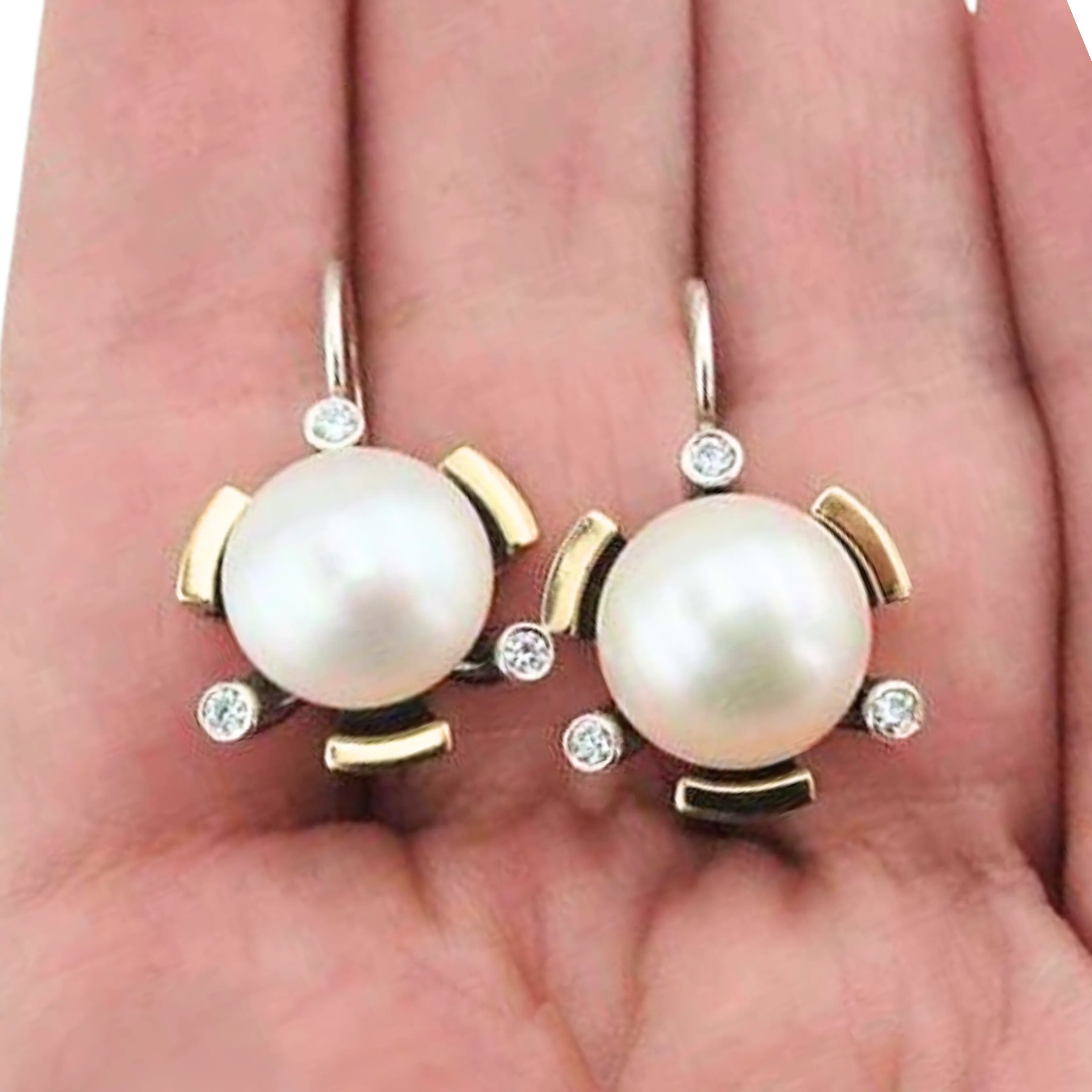 Pearl Earrings, Big Pearl Earrings with Zircon and Gold inlaid in Sterling Silver