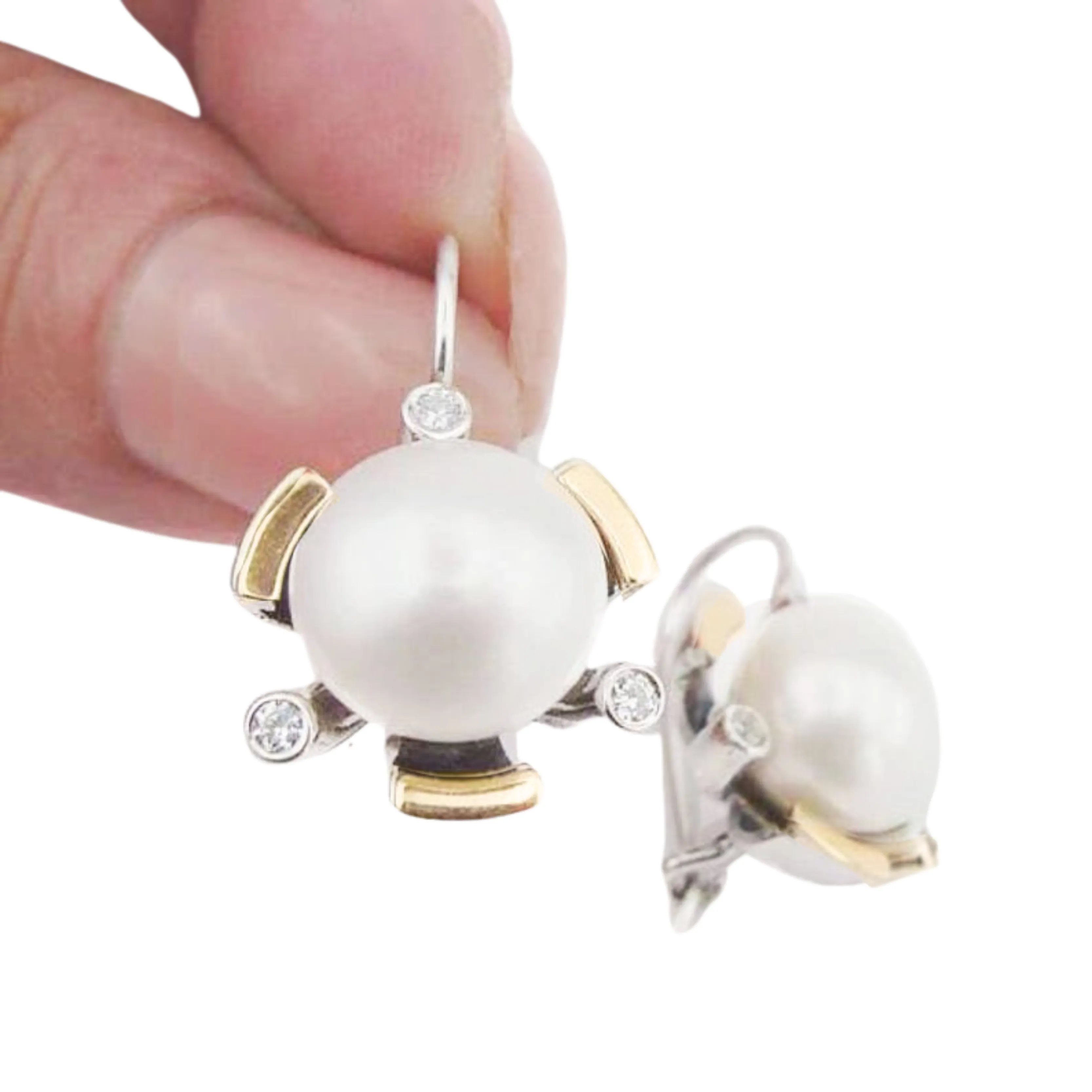 Pearl Earrings, Big Pearl Earrings with Zircon and Gold inlaid in Sterling Silver