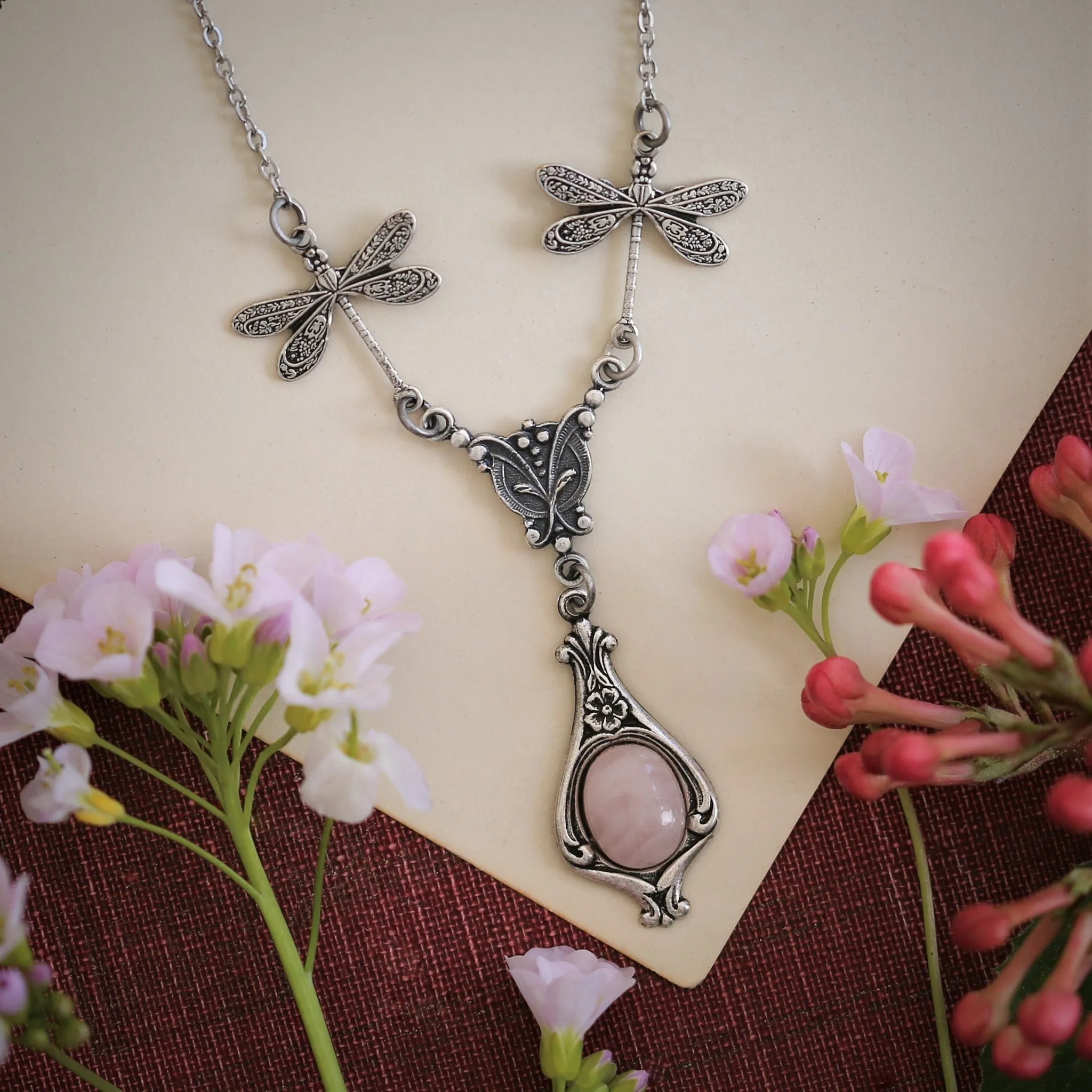 Pink and Purple Stone or Shell Antiqued Dragonfly Necklace