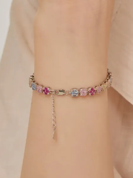 Pink Rainbow Tennis Bracelet 925 Sterling Silver Colorful Pink Diamond Zircon Luxury Bracelet Womens Jewelry