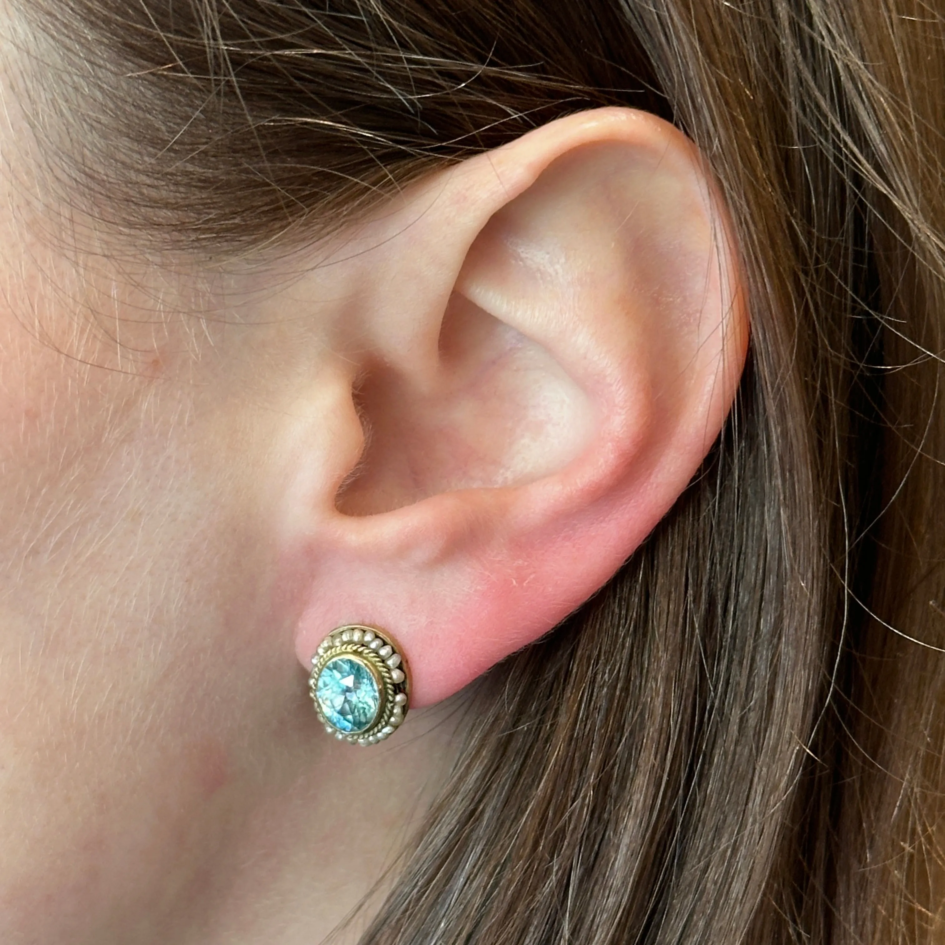 Retro 4.50 CTW Blue Zircon and Seed Pearl Stud Earrings