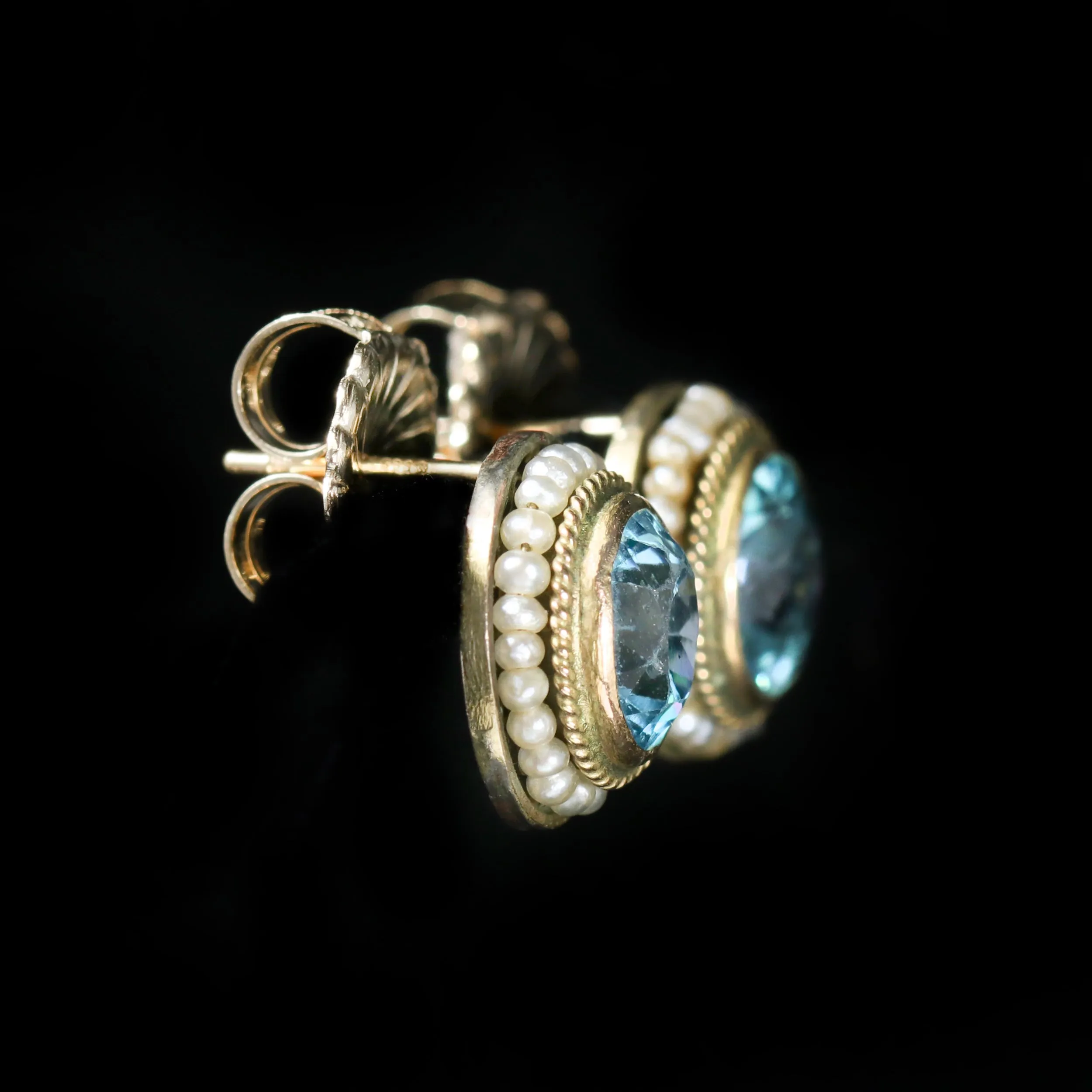 Retro 4.50 CTW Blue Zircon and Seed Pearl Stud Earrings