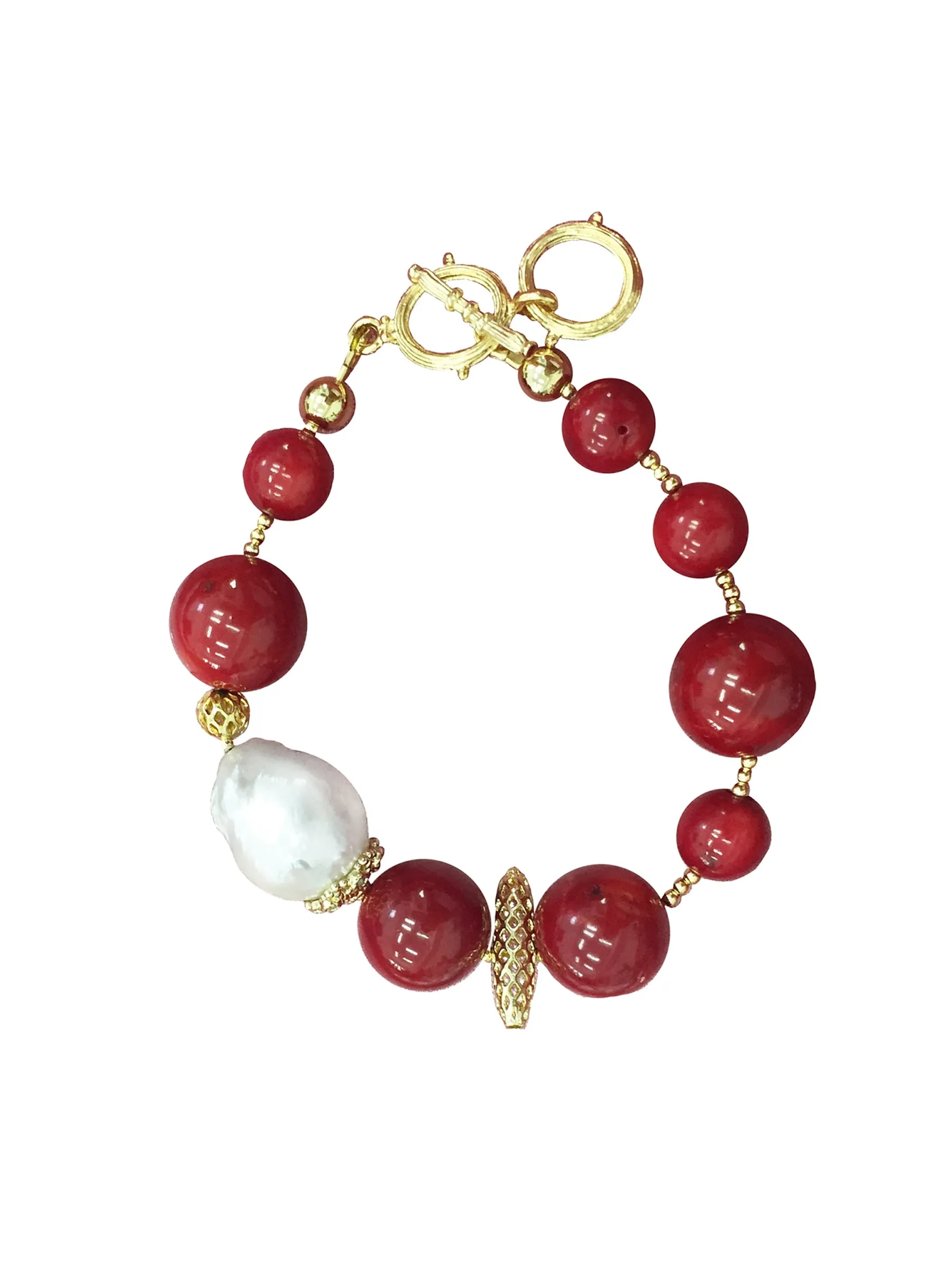 Round Coral with Baroque Pearls Bracelet CB004