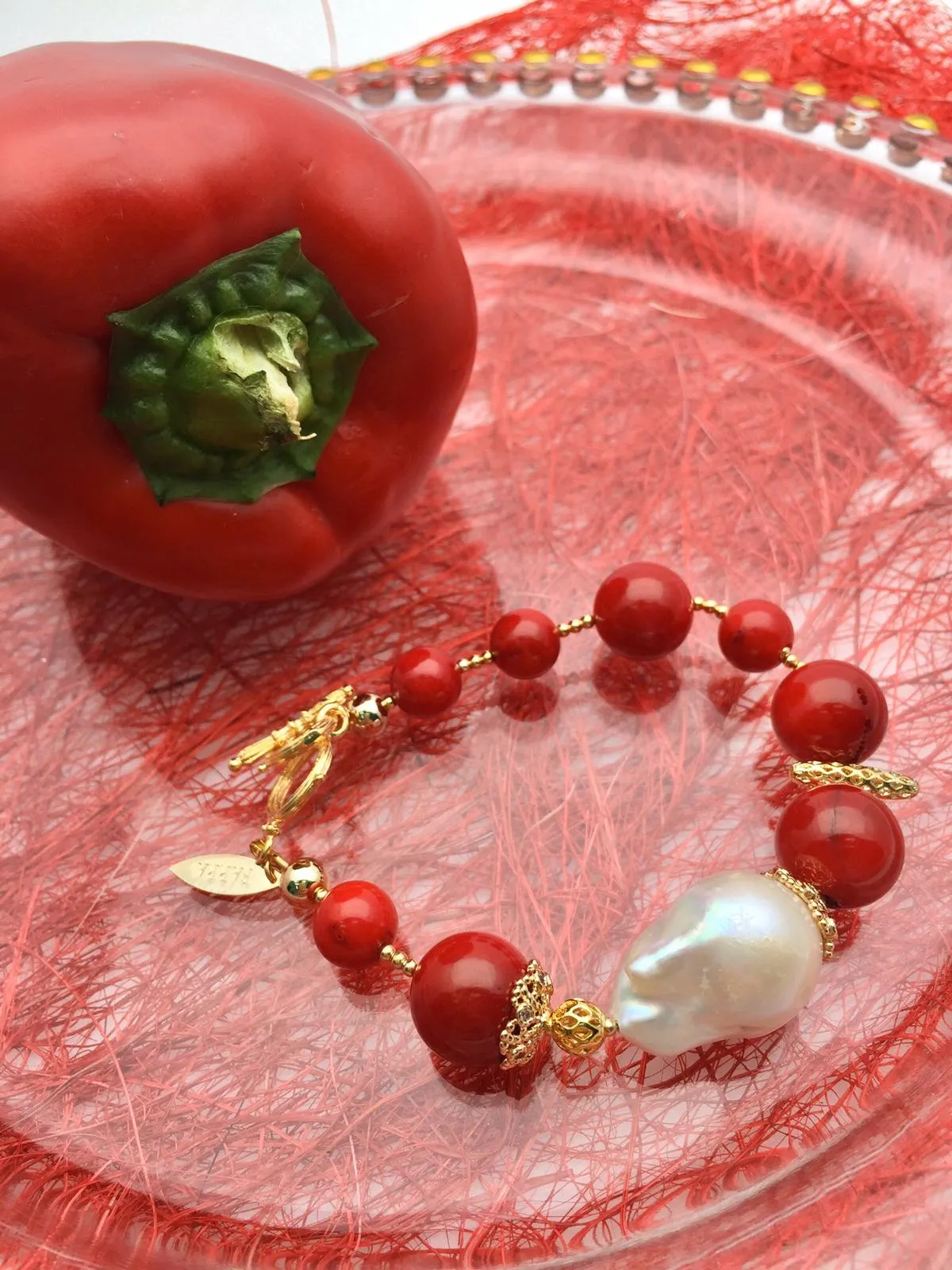 Round Coral with Baroque Pearls Bracelet CB004
