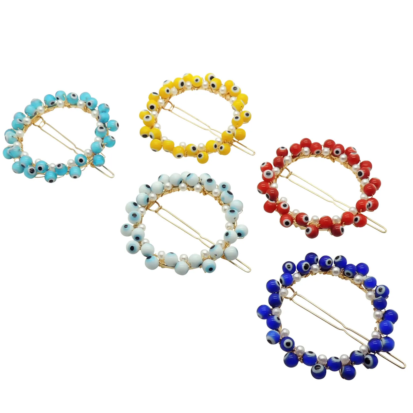 Round Glass Evil Eye and Pearl Bead Barrette Hair clip