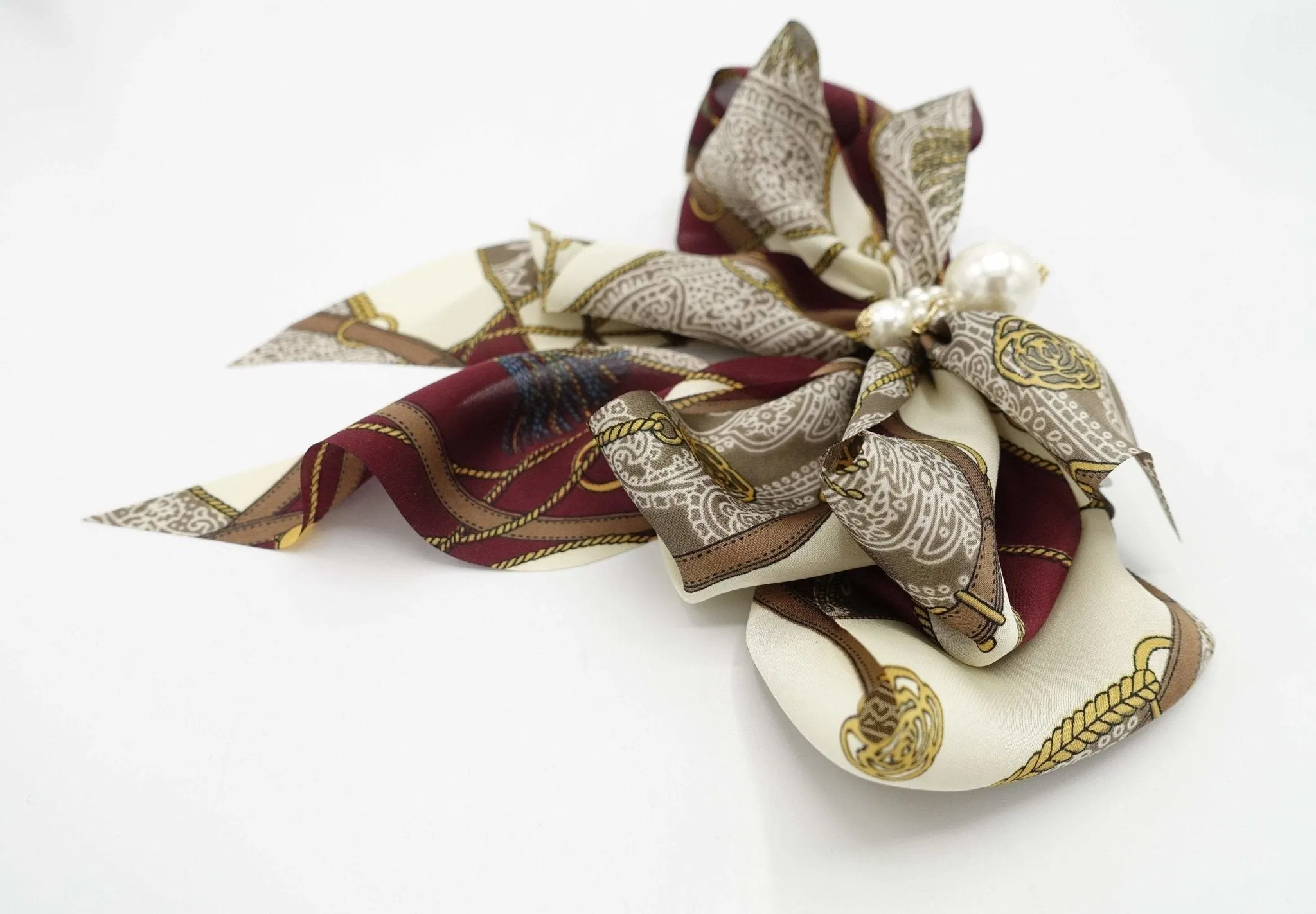 satin print hair bow tassel strap print scarf tail hair bow for women