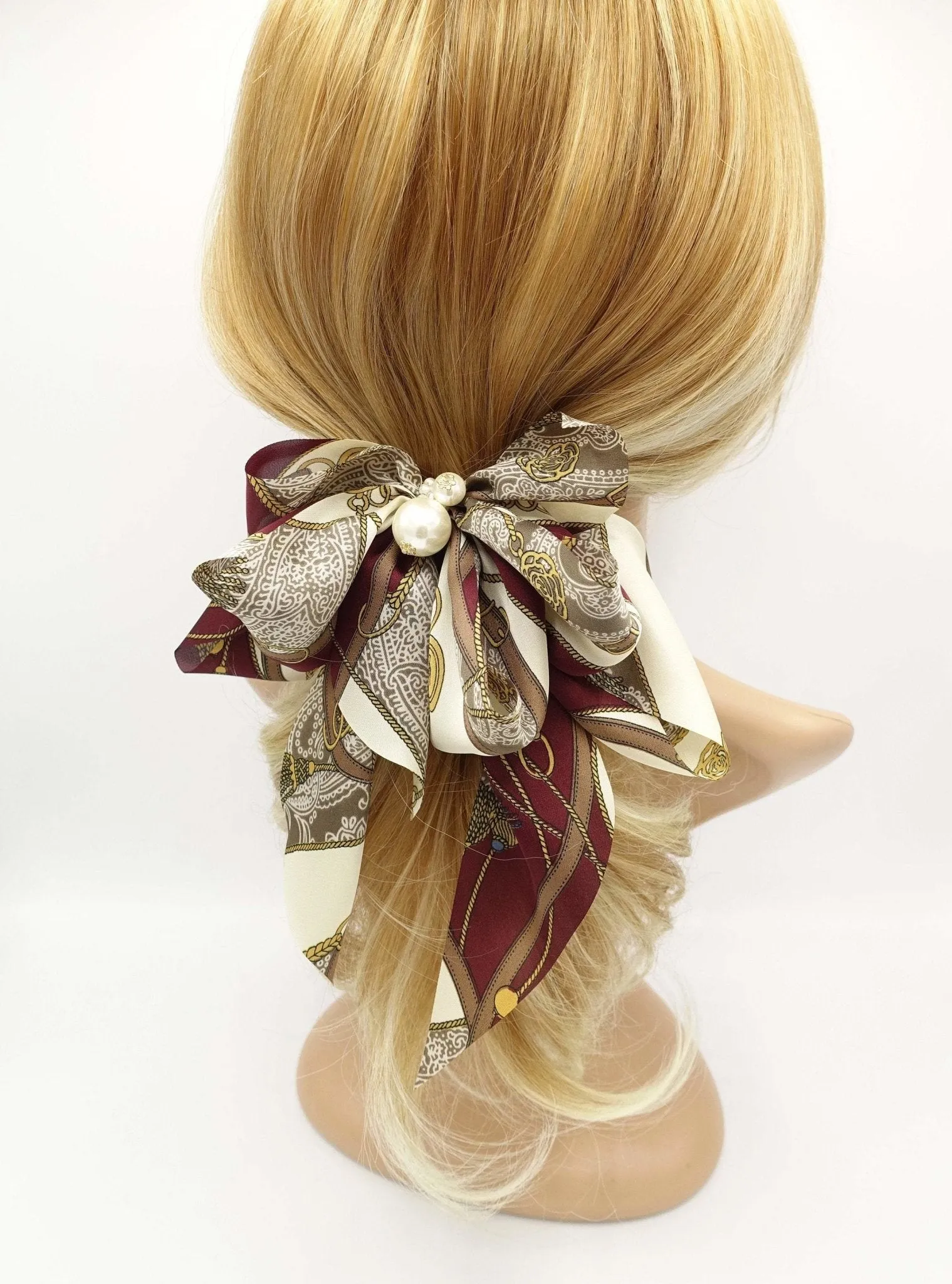 satin print hair bow tassel strap print scarf tail hair bow for women