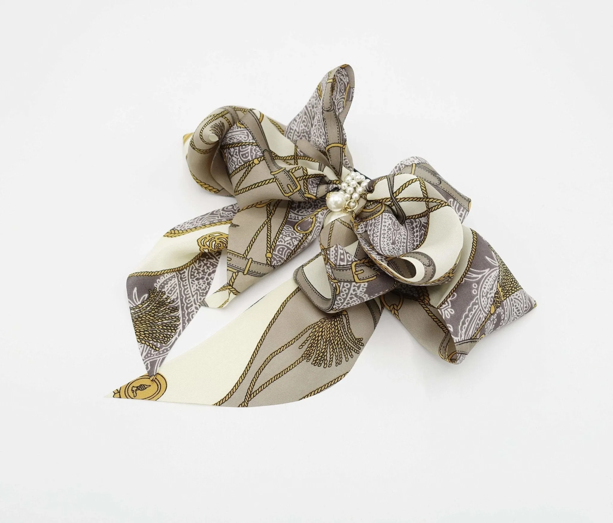 satin print hair bow tassel strap print scarf tail hair bow for women