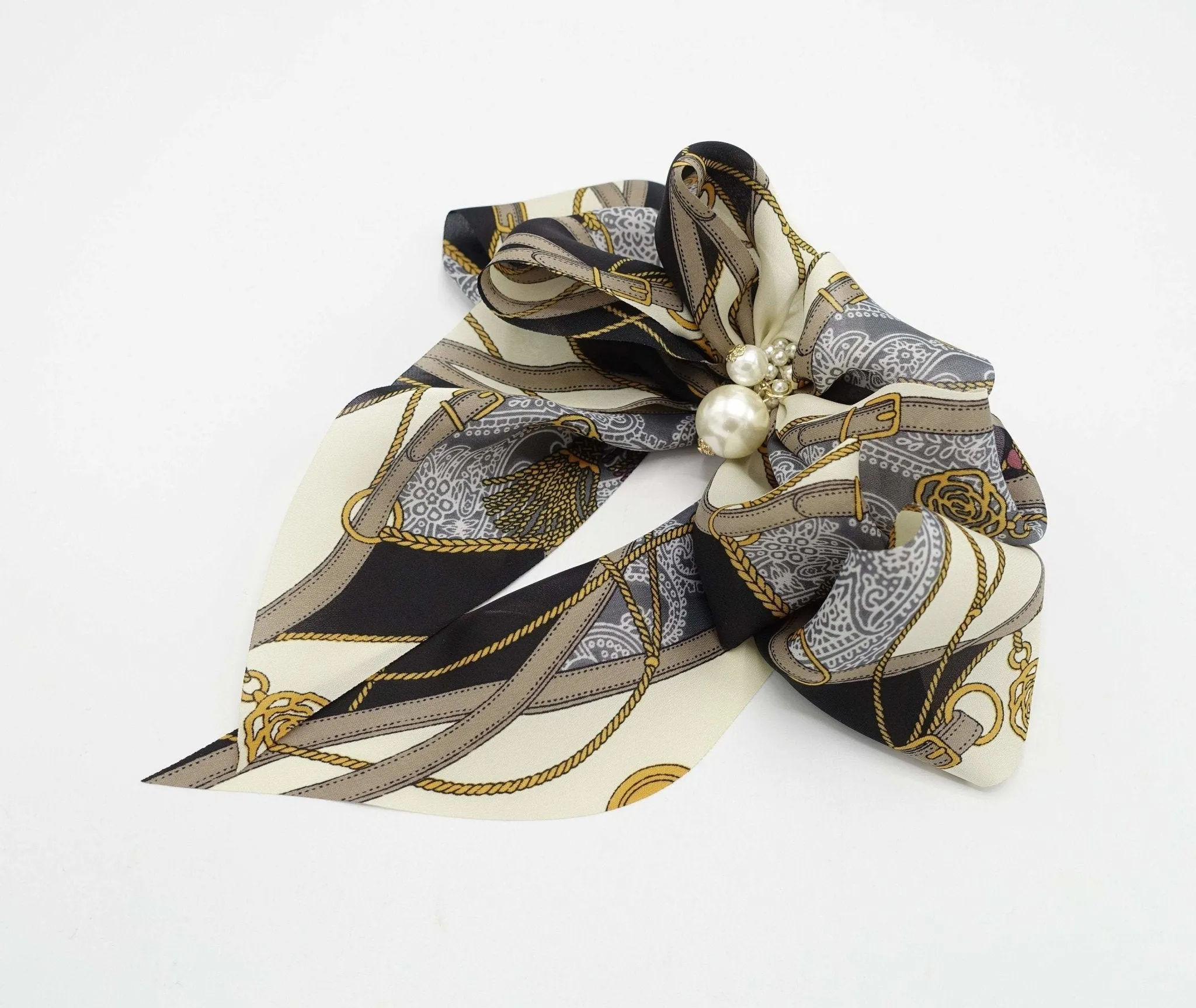 satin print hair bow tassel strap print scarf tail hair bow for women
