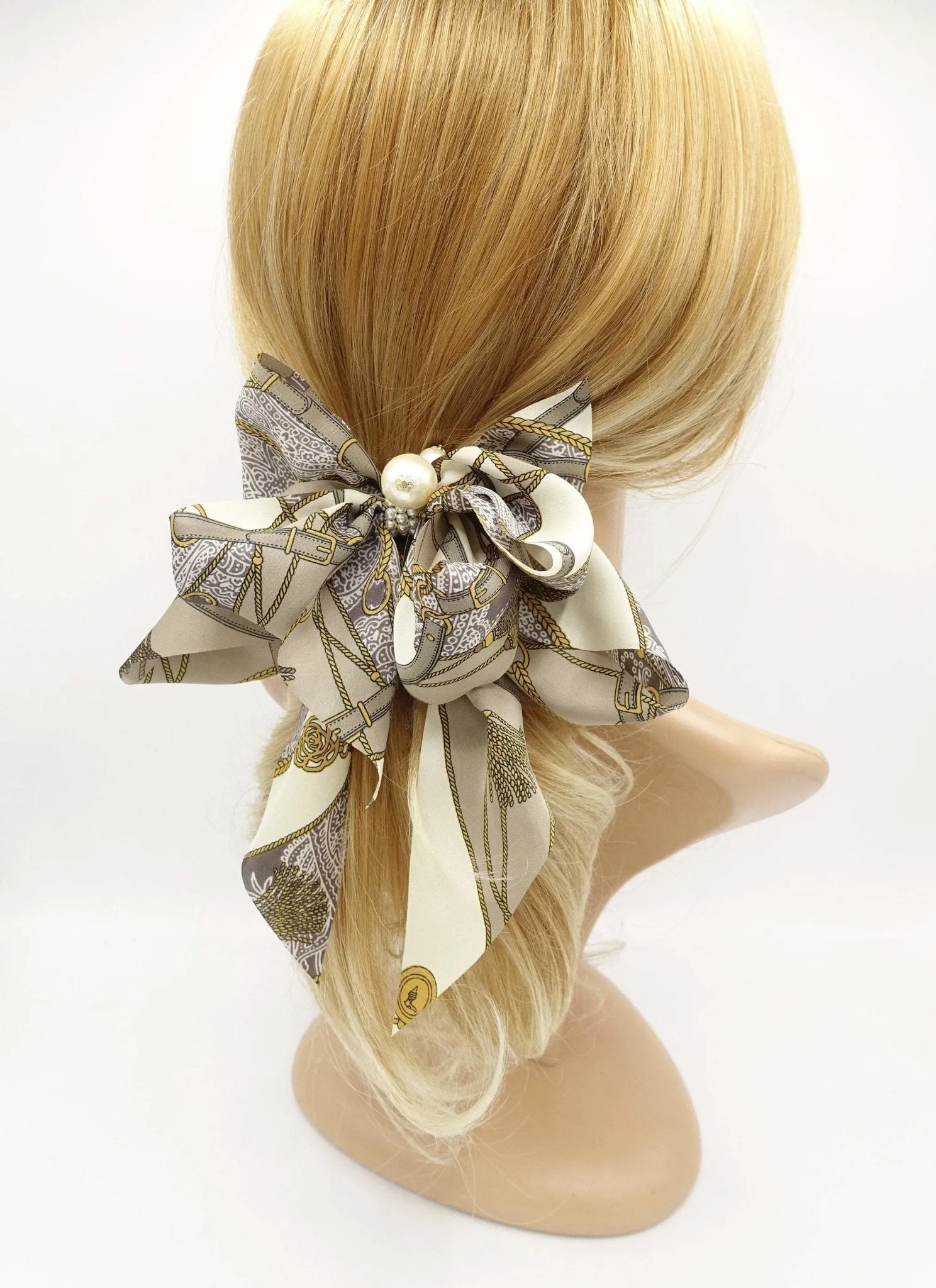 satin print hair bow tassel strap print scarf tail hair bow for women