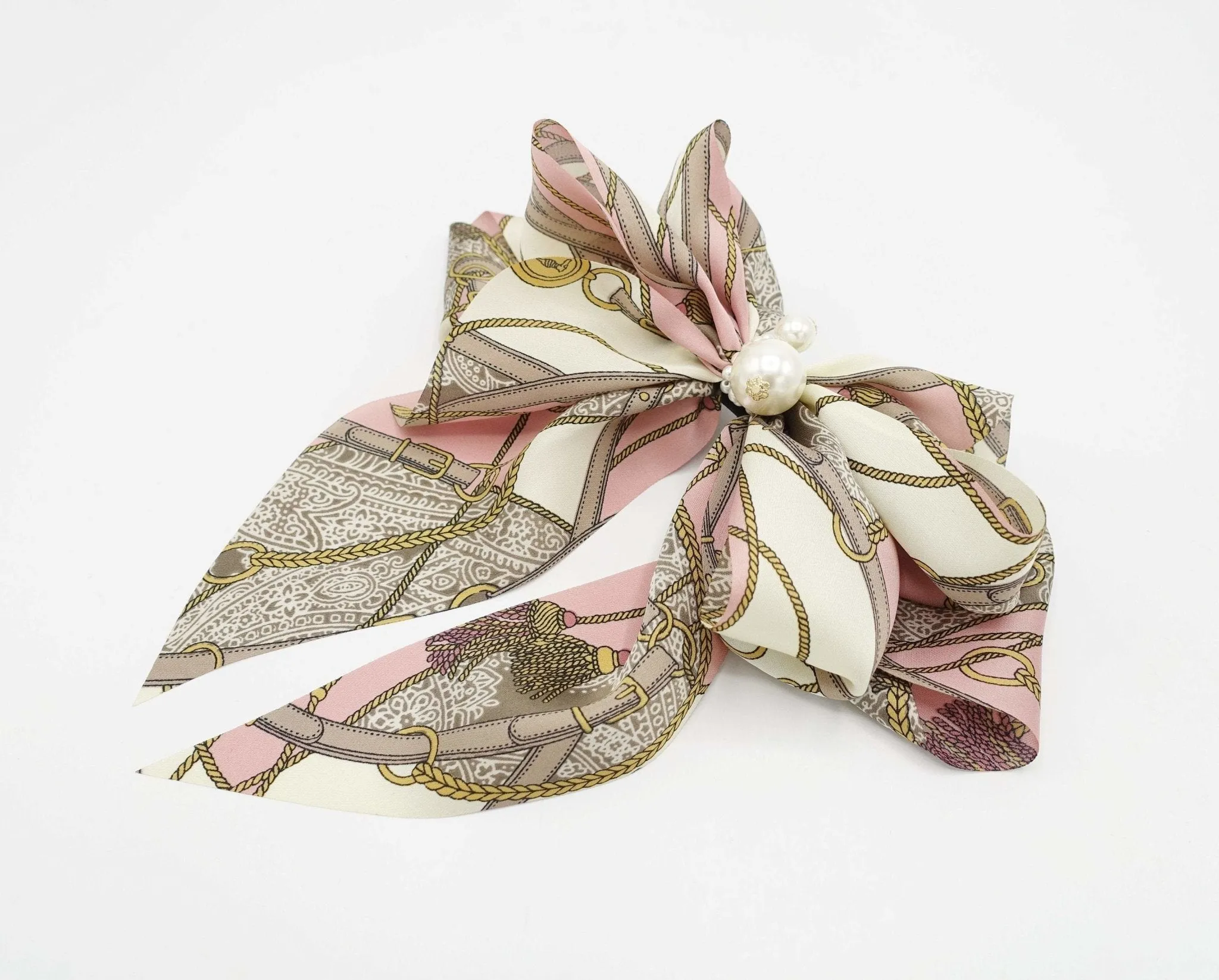satin print hair bow tassel strap print scarf tail hair bow for women