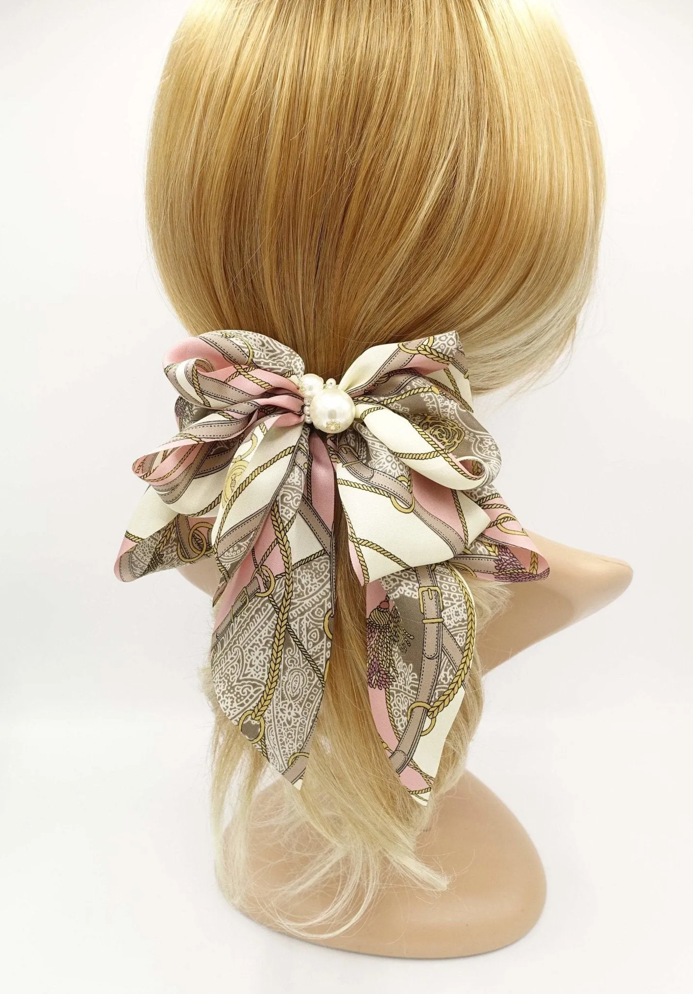 satin print hair bow tassel strap print scarf tail hair bow for women