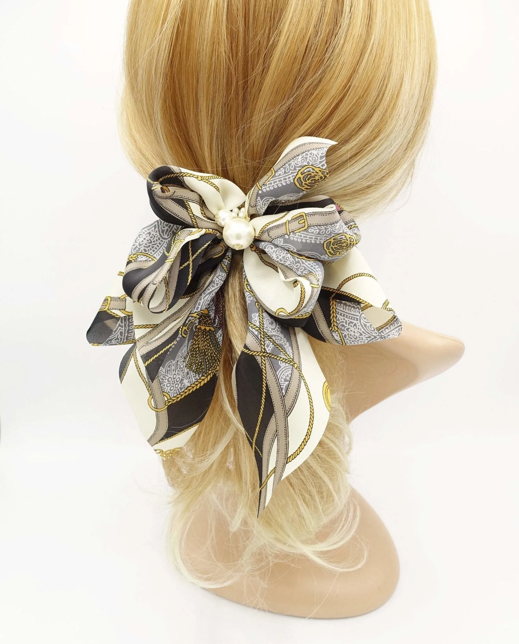 satin print hair bow tassel strap print scarf tail hair bow for women