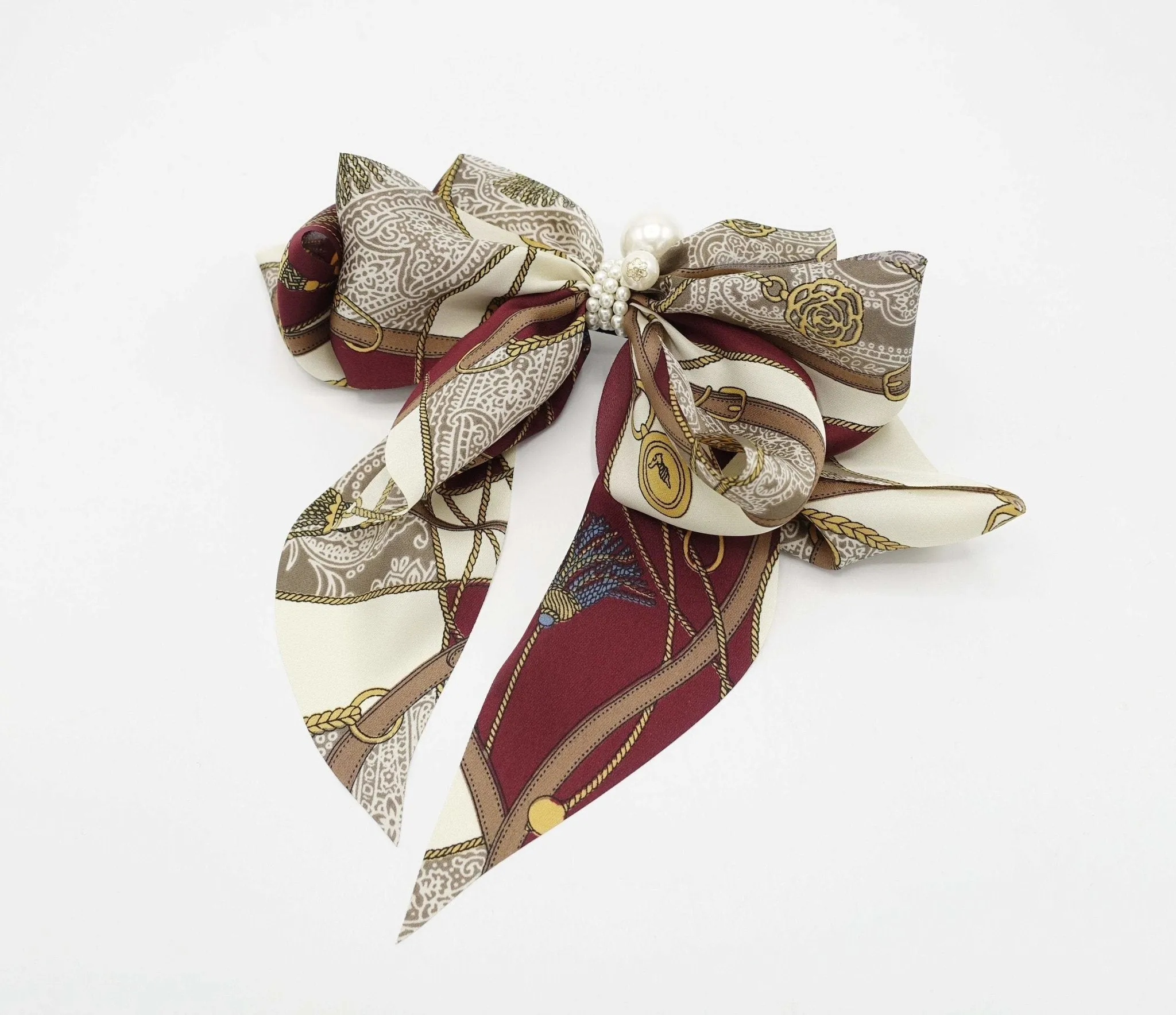 satin print hair bow tassel strap print scarf tail hair bow for women