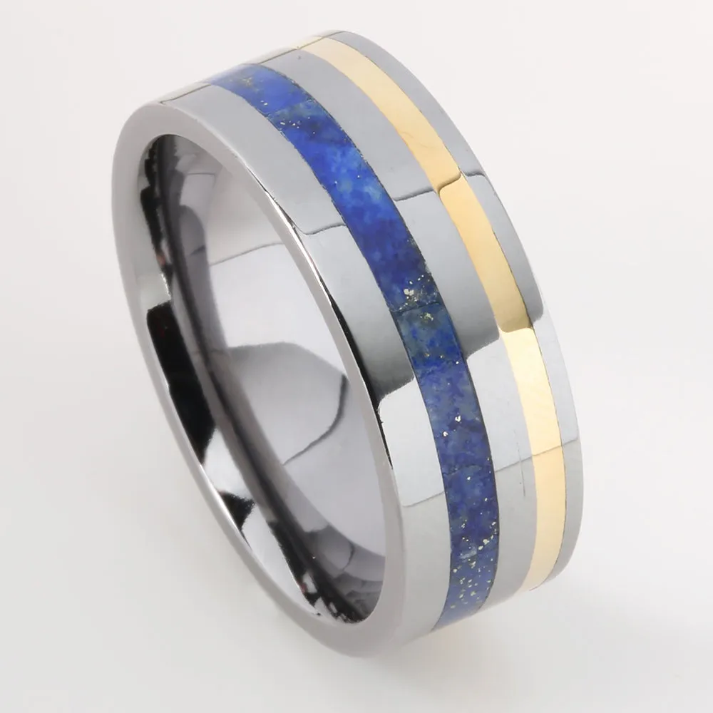 Tantalum with 14K Yellow Gold and Lapis Lazuli Inlaid Flat Wedding Ring 8mm