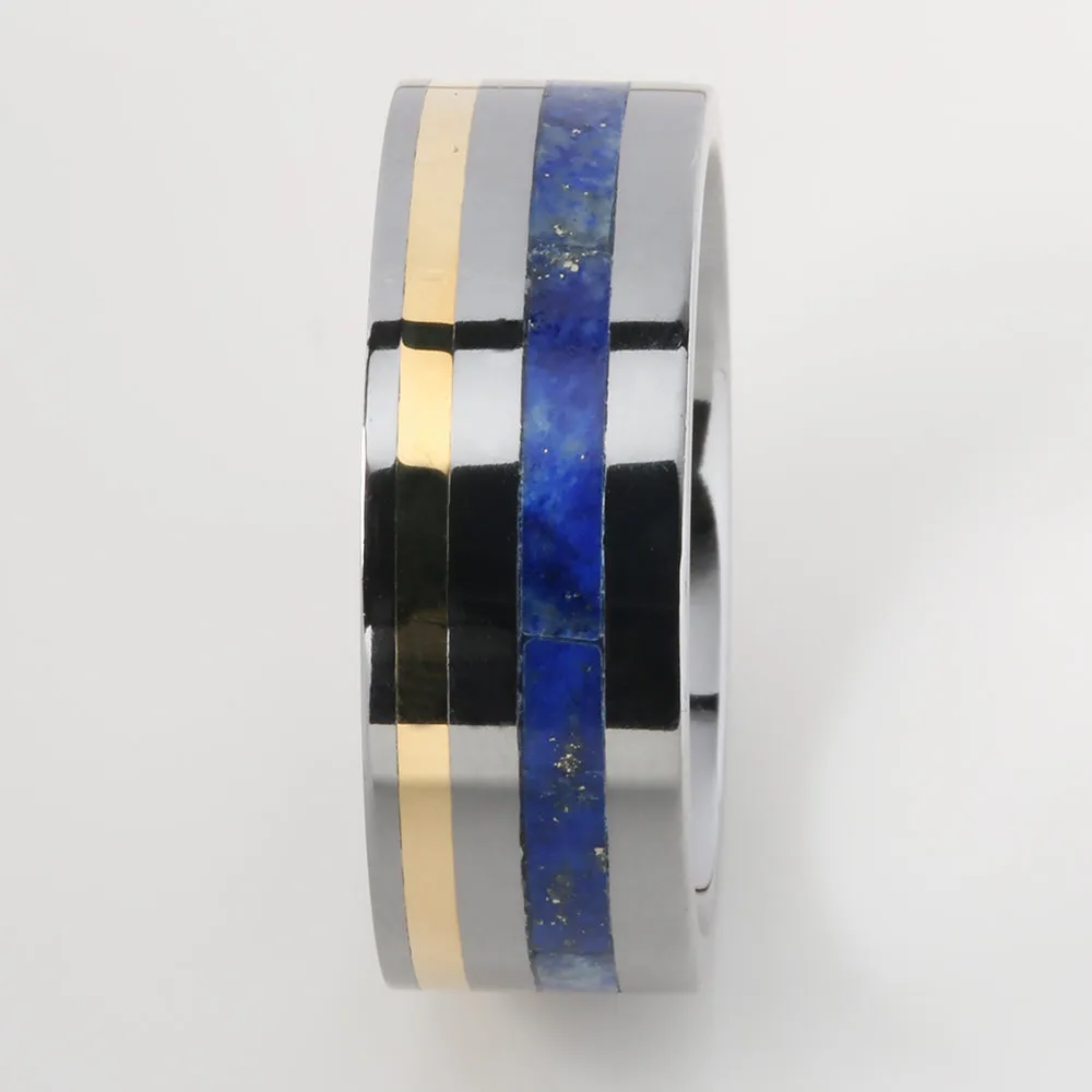 Tantalum with 14K Yellow Gold and Lapis Lazuli Inlaid Flat Wedding Ring 8mm