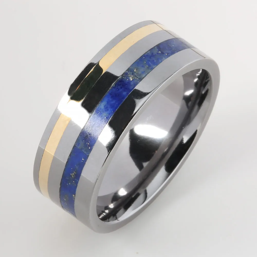 Tantalum with 14K Yellow Gold and Lapis Lazuli Inlaid Flat Wedding Ring 8mm