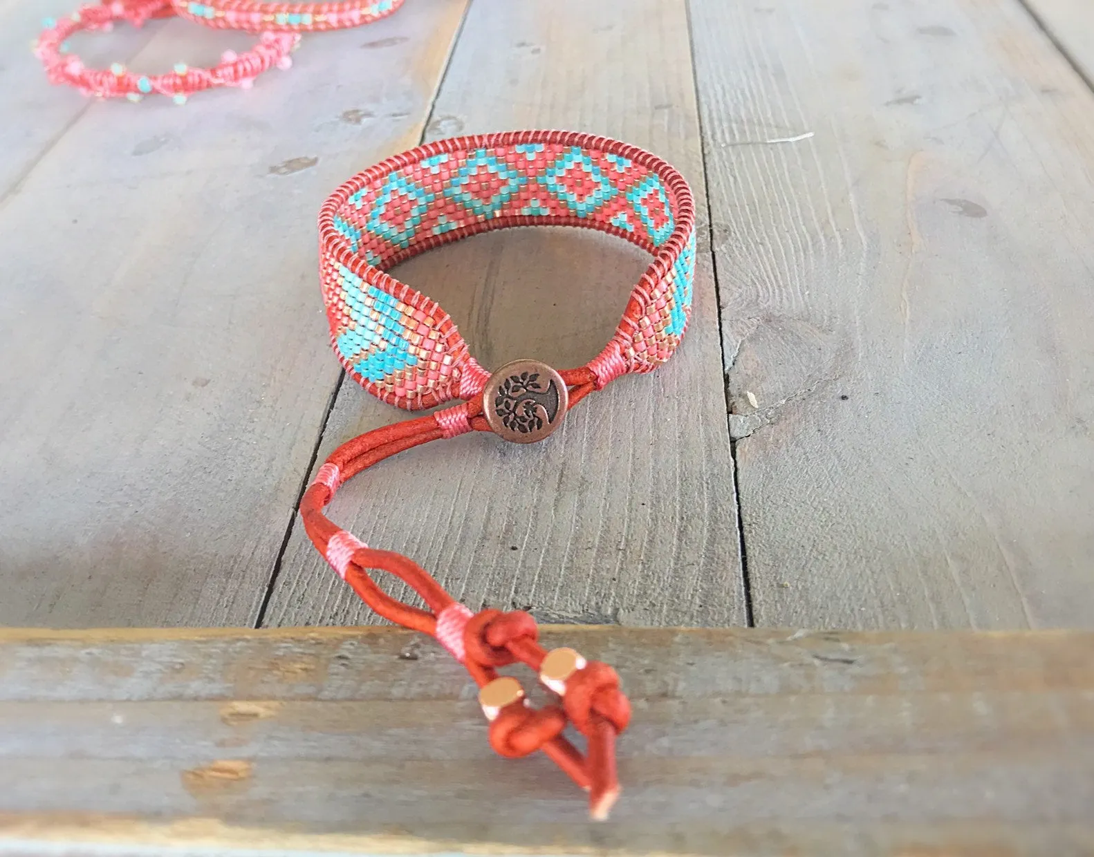 Turquoise, Coral and Copper Beaded Diamond and Chevron Loom Woven cuff Bracelet