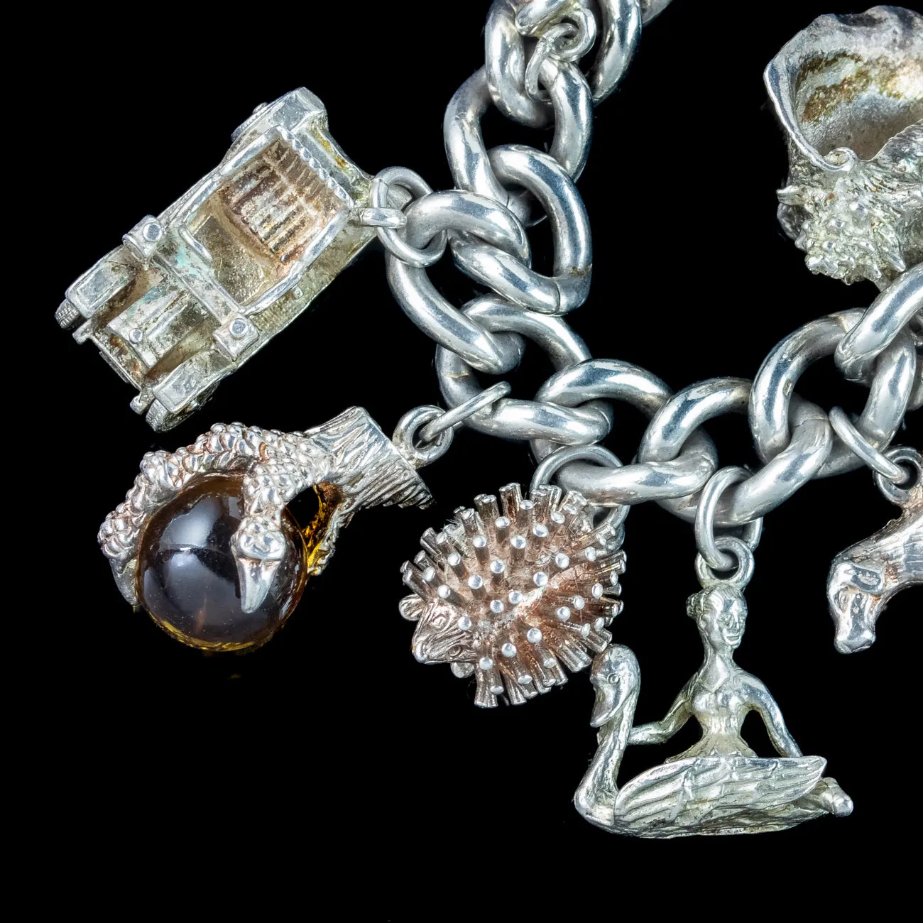 Vintage Charm Curb Bracelet Silver With Nineteen Charms