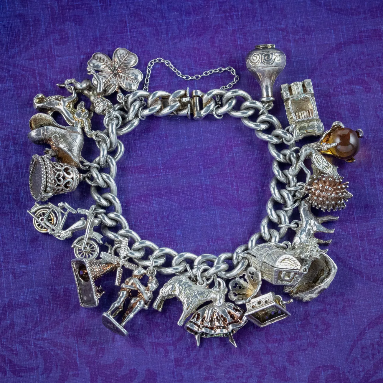 Vintage Charm Curb Bracelet Silver With Nineteen Charms