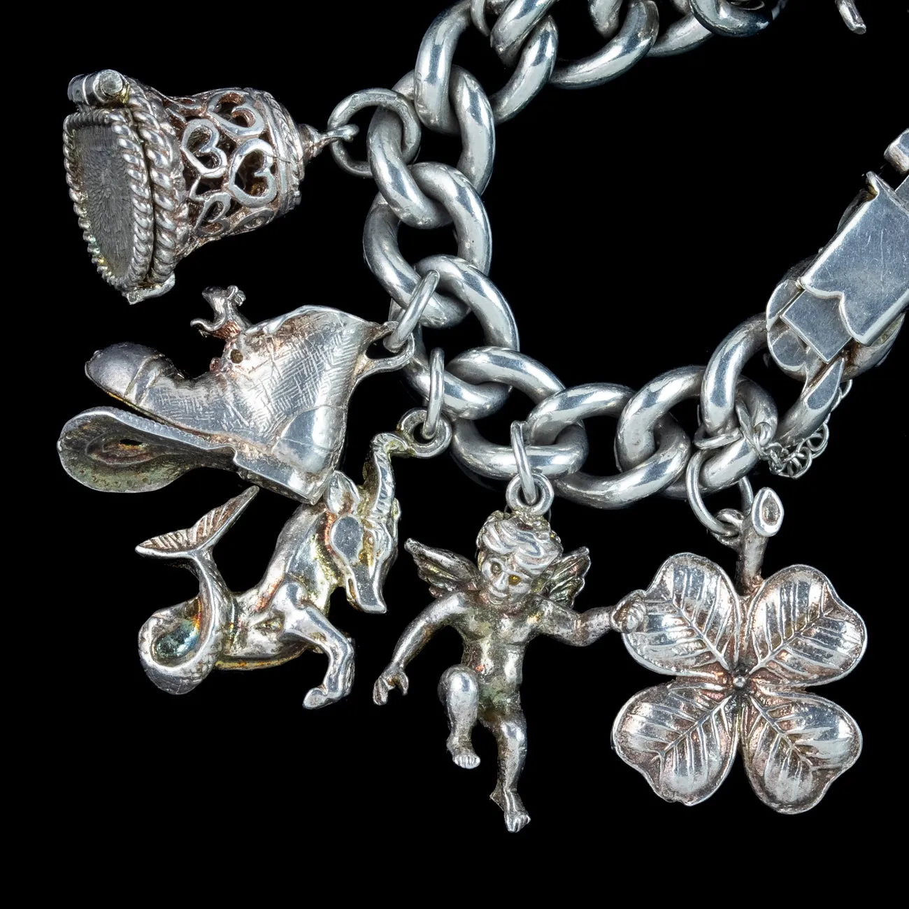 Vintage Charm Curb Bracelet Silver With Nineteen Charms