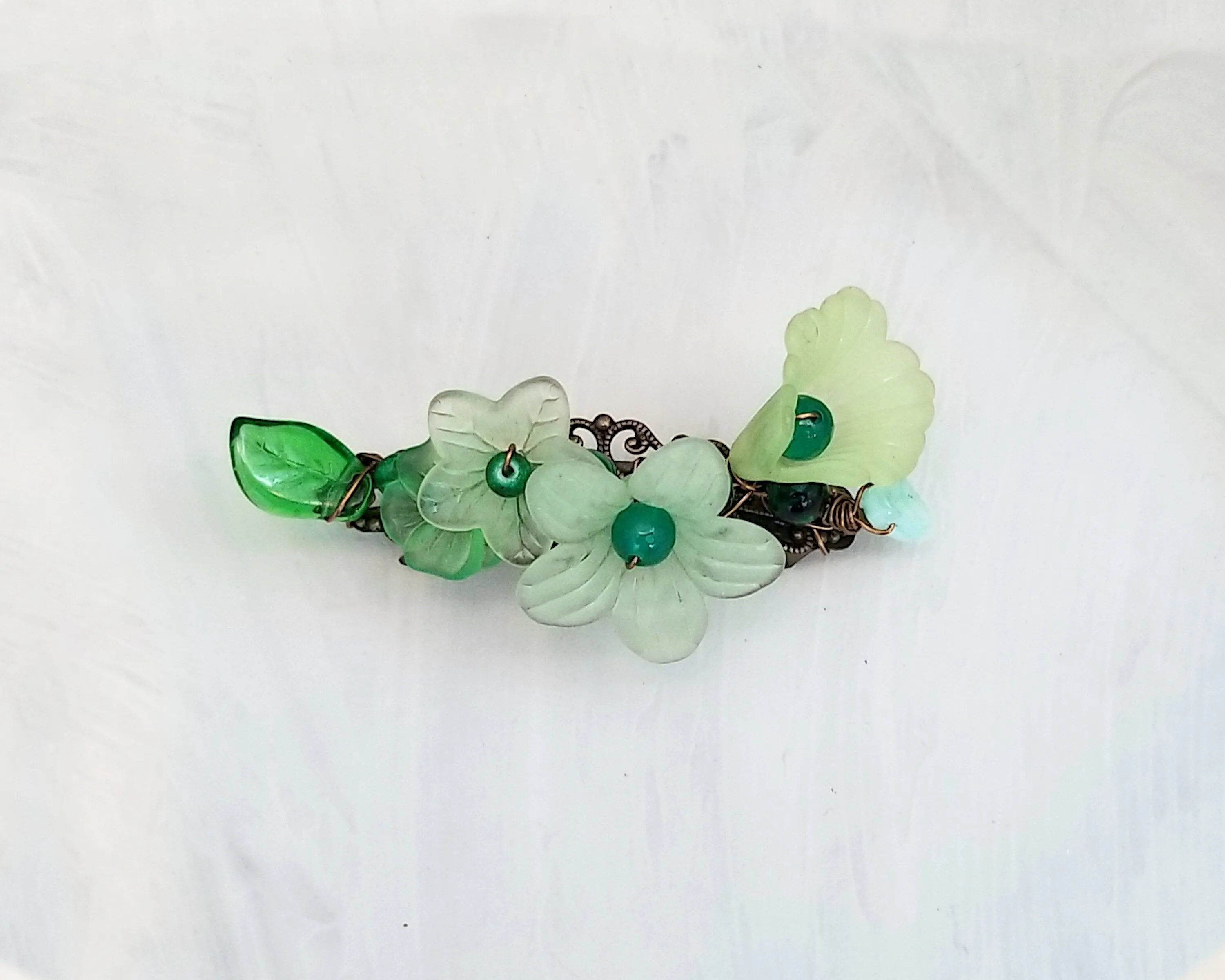 Wire Wrapped Lucite Flower Barrette in Green, Bridesmaid, Wedding, Floral, Garden, Boho, Bohemian, Choice of Colors and Metals