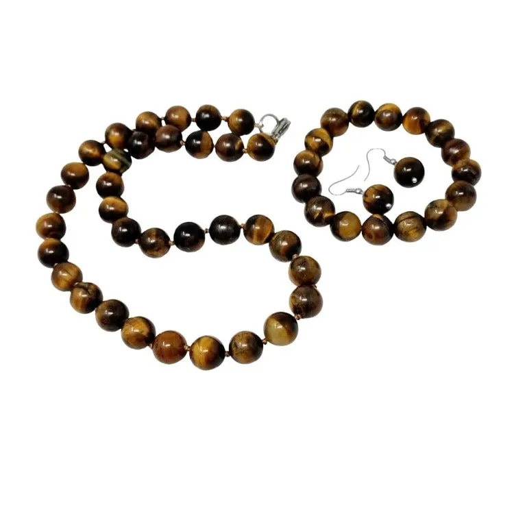 Women's 12mm Natural Gemstone Beaded Necklace, Bracelet and Earrings Set