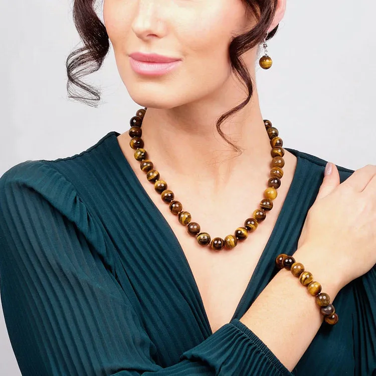 Women's 12mm Natural Gemstone Beaded Necklace, Bracelet and Earrings Set