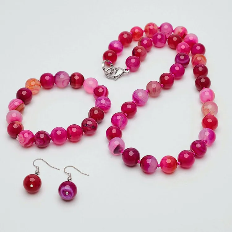 Women's 12mm Natural Gemstone Beaded Necklace, Bracelet and Earrings Set
