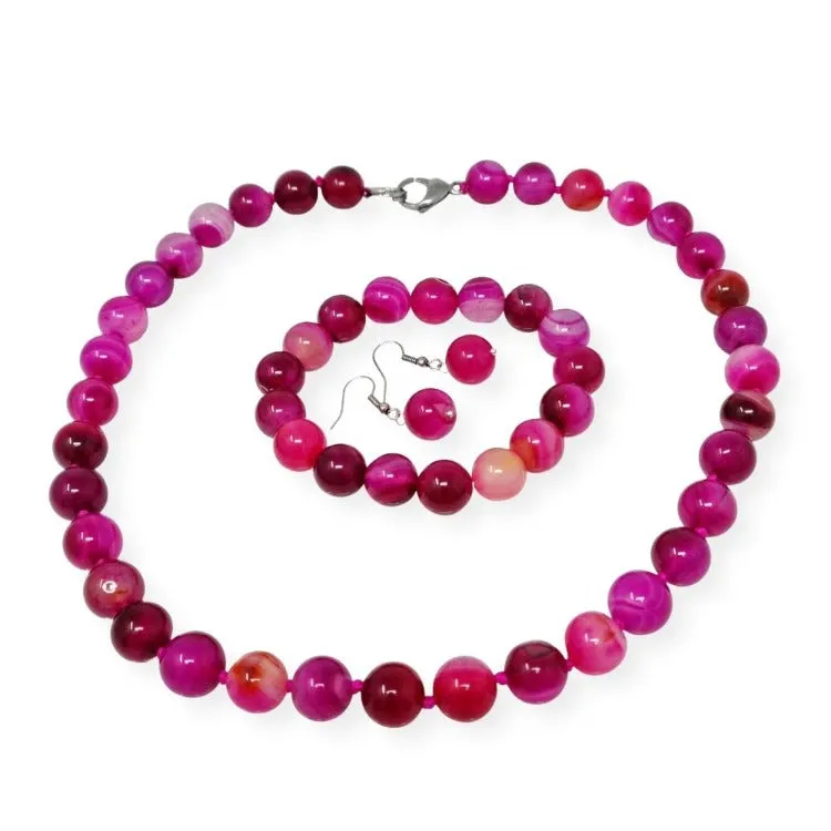 Women's 12mm Natural Gemstone Beaded Necklace, Bracelet and Earrings Set